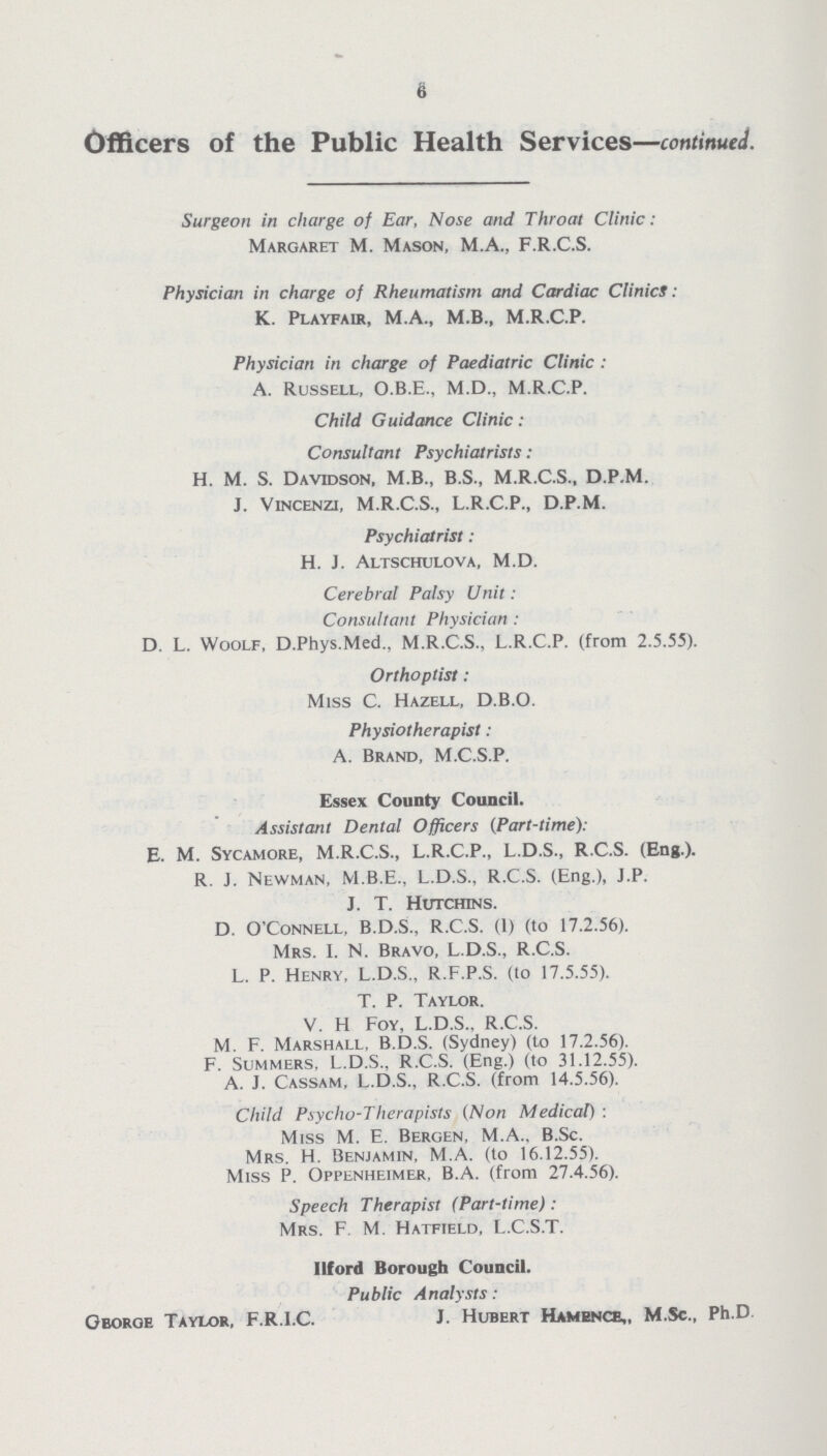 6 Officers of the Public Health Services—continued. Surgeon in charge of Ear, Nose and Throat Clinic: Margaret M. Mason, M.A., F.R.C.S. Physician in charge of Rheumatism and Cardiac Clinics : K. Playfair, M.A., M.B., M.R.C.P. Physician in charge of Paediatric Clinic : A. Russell, O.B.E., M.D., M.R.C.P. Child Guidance Clinic : Consultant Psychiatrists : H. M. S. Davidson, M.B., B.S., M.R.C.S., D.P.M. J. Vincenzi, M.R.C.S., L.R.C.P., D.P.M. Psychiatrist: H. J. Altschulova, M.D. Cerebral Patsy Unit: Consultant Physician : D. L. Woolf, D.Phys.Med., M.R.C.S., L.R.C.P. (from 2.5.55). Orthoptist: Miss C. Hazell, D.B.O. Physiotherapist: A. Brand, M.C.S.P. Essex County Couocil. Assistant Dental Officers (Part-time): E. M. Sycamore, M.R.C.S., L.R.C.P., L.D.S., R.C.S. (Eng.). R. J. Newman, M.B.E., L.D.S., R.C.S. (Eng.), J.P. J. T. Hutchins. D. O'Connell, B.D.S., R.C.S. (1) (to 17.2.56). Mrs. I. N. Bravo, L.D.S., R.C.S. L. P. Henry, L.D.S., R.F.P.S. (to 17.5.55). T. P. Taylor. V. H Foy, L.D.S., R.C.S. M. F. Marshall, B.D.S. (Sydney) (to 17.2.56). F. Summers. L.D.S., R.C.S. (Eng.) (to 31.12.55). A. J. Cassam, L.D.S., R.C.S. (from 14.5.56). Child Psycho-Therapists (Non Medical) : Miss M. E. Bergen, M.A., B.Sc. Mrs. H. Benjamin, M.A. (to 16.12.55). Miss P. Oppenheimer, B.A. (from 27.4.56). Speech Therapist (Part-time): Mrs. F. M. Hatfield, L.C.S.T. Ilford Borough Council. Public Analysts : Gboroe Taylor, F.R.I.C. J. Hubert Hamence,, M.Sc., ph.d