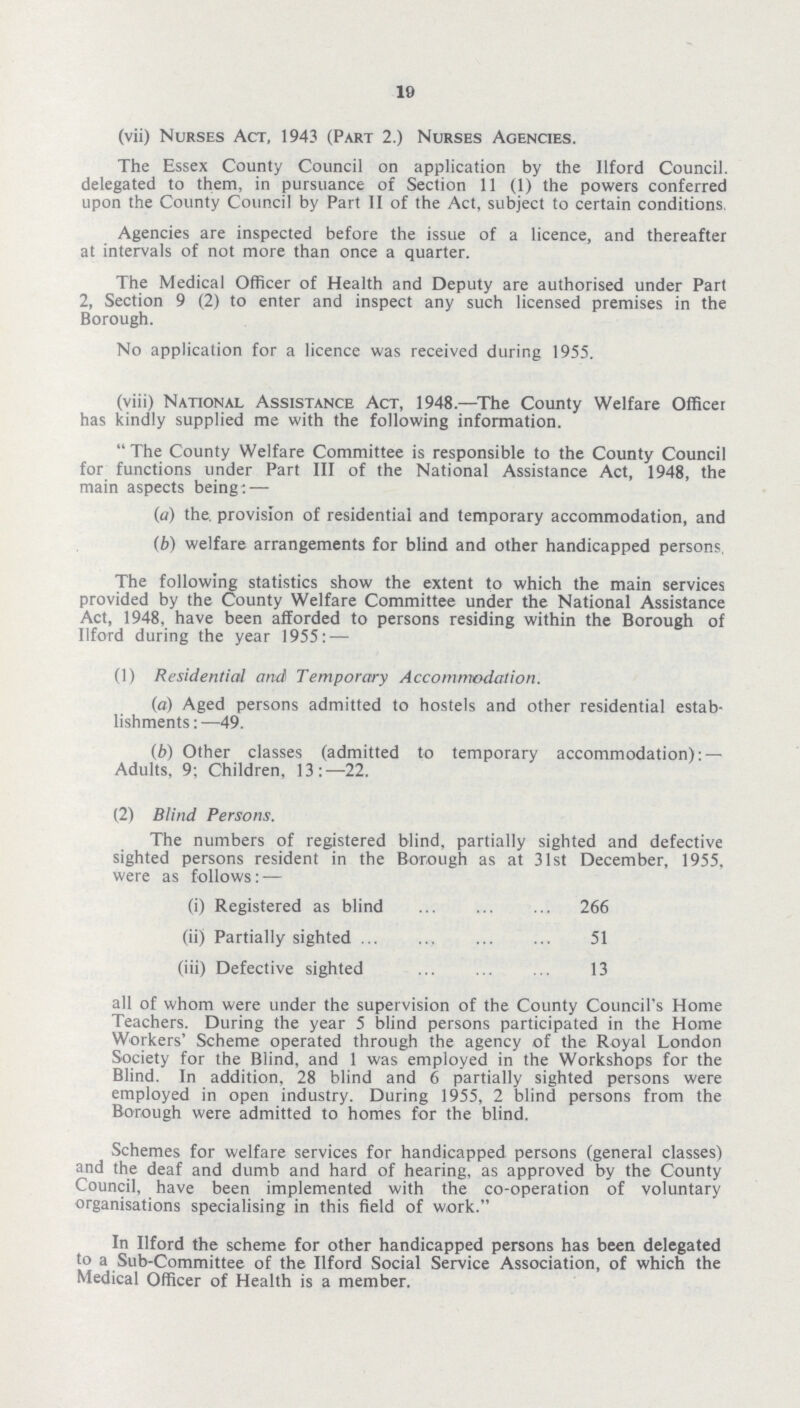 19 (vii) Nurses Act, 1943 (Part 2.) Nurses Agencies. The Essex County Council on application by the llford Council, delegated to them, in pursuance of Section 11 (1) the powers conferred upon the County Council by Part II of the Act, subject to certain conditions Agencies are inspected before the issue of a licence, and thereafter at intervals of not more than once a quarter. The Medical Officer of Health and Deputy are authorised under Part 2, Section 9 (2) to enter and inspect any such licensed premises in the Borough. No application for a licence was received during 1955. (viii) National Assistance Act, 1948.—The County Welfare Officer has kindly supplied me with the following information. The County Welfare Committee is responsible to the County Council for functions under Part III of the National Assistance Act, 1948, the main aspects being:— (a) the provision of residential and temporary accommodation, and (b) welfare arrangements for blind and other handicapped persons The following statistics show the extent to which the main services provided by the County Welfare Committee under the National Assistance Act, 1948. have been afforded to persons residing within the Borough of llford during the year 1955:— (1) Residential and Temporary Accommodation. (a) Aged persons admitted to hostels and other residential estab lishments:—49 (b) Other classes (admitted to temporary accommodation):— Adults, 9; Children, 13:—22. (2) Blind Persons. The numbers of registered blind, partially sighted and defective sighted persons resident in the Borough as at 31st December, 1955, were as follows:— (i) Registered as blind 266 (ii) Partially sighted 51 (iii) Defective sighted 13 all of whom were under the supervision of the County Council's Home Teachers. During the year 5 blind persons participated in the Home Workers' Scheme operated through the agency of the Royal London Society for the Blind, and 1 was employed in the Workshops for the Blind. In addition, 28 blind and 6 partially sighted persons were employed in open industry. During 1955, 2 blind persons from the Borough were admitted to homes for the blind. Schemes for welfare services for handicapped persons (general classes) and the deaf and dumb and hard of hearing, as approved by the County Council, have been implemented with the co-operation of voluntary organisations specialising in this field of work. In llford the scheme for other handicapped persons has been delegated to a Sub-Committee of the llford Social Service Association, of which the Medical Officer of Health is a member.