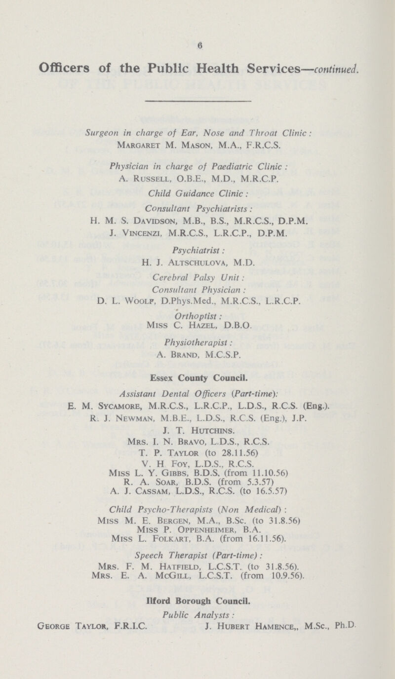 6 Officers of the Public Health Services—continued. Surgeon in charge of Ear, Nose and Throat Clinic: Margaret M. Mason, M.A., F.R.C.S. Physician in charge of Paediatric Clinic: A. Russell, O.B.E., M.D., M.R.C.P. Child Guidance Clinic: Consultant Psychiatrists: H. M. S. Davidson, M.B., B.S., M.R.C.S., D.P.M. J. Vincenzi, M.R.C.S., L.R.C.P., D.P.M. Psychiatrist: H. J. Altschulova, M.D. Cerebral Palsy Unit: Consultant Physician: D. L. Woolf, D.Phys.Med., M.R.C.S., L.R.C.P. Orthoptist: Miss C. Hazel, D.B.O. Physiotherapist: A. Brand, M.C.S.P. Essex County Council. Assistant Dental Officers (Part-time): E. M. Sycamore, M.R.C.S., L.R.C.P., L.D.S., R.C.S. (Eng.). R. J. Newman, M.B.E., L.D.S., R.C.S. (Eng.), J.P. J. T. Hutchins. Mrs. I. N. Bravo, L.D.S., R.C.S. T. P. Taylor (to 28.11.56) V. H Foy, L.D.S., R.C.S. Miss L. Y. Gibbs, B.D.S. (from 11.10.56) R. A. Soar, B.D.S. (from 5.3.57) A. J. Cassam, L.D.S., R.C.S. (to 16.5.57) Child Psycho-Therapists (Non Medical) : Miss M. E. Bergen, M.A., B.Sc. (to 31.8.56) Miss P. Oppenheimer, B.A. Miss L. Folkart, B.A. (from 16.11.56). Speech Therapist (Part-time): Mrs. F. M. Hatfield, L.C.S.T. (to 31.8.56). Mrs. E. A. McGill, L.C.S.T. (from 10.9.56). Ilford Borough Council. Public Analysts: George Taylor, F.R.I.C. J. Hubert Hamence,, M.Sc., Ph.D.