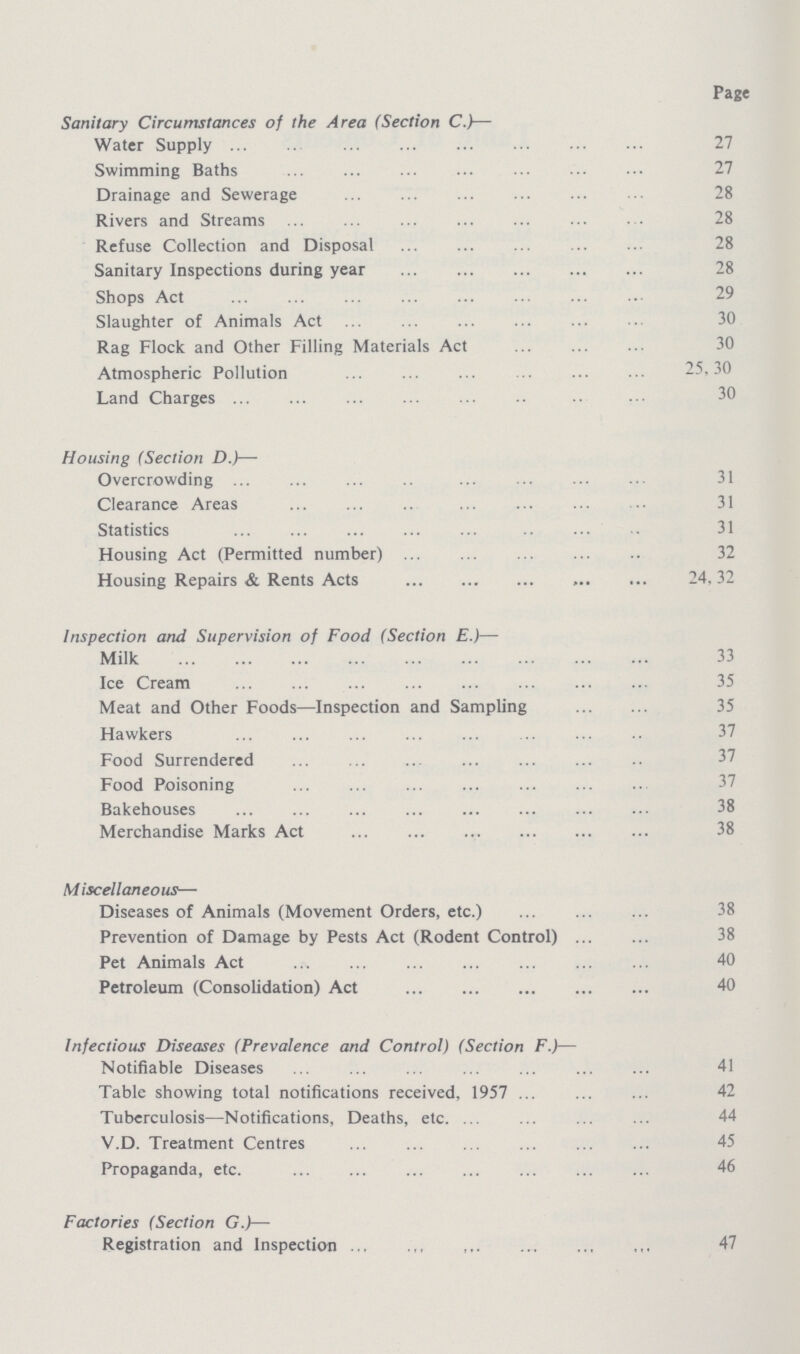 Page Sanitary Circumstances of the Area (Section C.)— Water Supply 27 Swimming Baths 27 Drainage and Sewerage 28 Rivers and Streams 28 Refuse Collection and Disposal 28 Sanitary Inspections during year 28 Shops Act Slaughter of Animals Act 30 Rag Flock and Other Filling Materials Act 30 Atmospheric Pollution 25,30 Land Charges 30 Housing (Section D.)— Overcrowding 31 Clearance Areas 31 Statistics 31 Housing Act (Permitted number) 32 Housing Repairs & Rents Acts 24, 32 Inspection and Supervision of Food (Section E.)— Milk 33 Ice Cream 35 Meat and Other Foods—Inspection and Sampling 35 Hawkers Food Surrendered 37 Food Poisoning 37 Bakehouses 38 Merchandise Marks Act 38 M iscellaneous— Diseases of Animals (Movement Orders, etc.) 38 Prevention of Damage by Pests Act (Rodent Control) 38 Pet Animals Act 40 Petroleum (Consolidation) Act 40 Infectious Diseases (Prevalence and Control) (Section F.)— Notifiable Diseases 41 Table showing total notifications received, 1957 42 Tuberculosis—Notifications, Deaths, etc. 44 V.D. Treatment Centres 45 Propaganda, etc. 46 Factories (Section G.)— Registration and Inspection 47