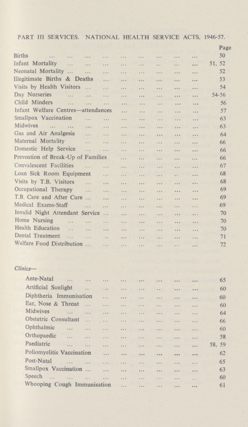 PART III SERVICES. NATIONAL HEALTH SERVICE ACTS, 1946-57. Page Births 50 Infant Mortality 51, 52 Neonatal Mortality 52 Illegitimate Births & Deaths 53 Visits by Health Visitors 54 Day Nurseries 54-56 Child Minders 56 Infant Welfare Centres—attendances 57 Smallpox Vaccination 63 Midwives 63 Gas and Air Analgesia 64 Maternal Mortality 66 Domestic Help Service 66 Prevention of Break-Up of Families 66 Convalescent Facilities 67 Loan Sick Room Equipment 68 Visits by T.B. Visitors Occupational Therapy 69 T.B. Care and After Care 69 Medical Exams-Staff 69 Invalid Night Attendant Service 70 Home Nursing 70 Health Education 70 Dental Treatment 71 Welfare Food Distribution 72 Clinics— Ante-Natal 65 Artificial Sunlight 60 Diphtheria Immunisation 60 Ear, Nose & Throat 60 Midwives 64 Obstetric Consultant 66 Ophthalmic 60 Orthopaedic 58 Paediatric 58, 59 Poliomyelitis Vaccination 62 Post-Natal 65 Smallpox Vaccination 63 Speech 60 Whooping Cough Immunisation 61