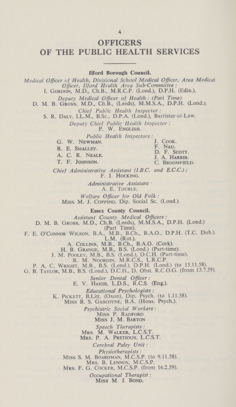 4 OFFICERS OF THE PUBLIC HEALTH SERVICES Ilford Borough Council. Medical Officer of Health, Divisional School Medical Officer, Area Medical Officer, Ilford Health Area Sub-Committee: I. Gordon, M.D., Ch.B., M.R.C.P. (Lond.), D.P.H. (Edin.). Deputy Medical Officer of Health: (Part Time) D. M. B. Gross, M.D., Ch.B., (Leeds), M.M.S.A., D.P.H. (Lond.). Chief Public Health Inspector: S. R. Daly, LL.M., B.Sc., D.P.A. (Lond.), Barrister-at-Law. Deputy Chief Public Health Inspector: P. W. English. Public Health Inspectors: G. W. Newman. J. Cook. R. E. Smalley. F. Nau. D.F.Scott A. C. R. Neale. J. A .Harris T. F. Johnson. C. Broomfield. Chief Administrative Assistant (l.B.C. and E.C.C.): F. J. Hocking. Administrative Assistant A. E. Tourle. Welfare Officer for Old Folk: Miss M. J. Copping, Dip. Social Sc. (Lond.). Essex County Council. Assistant County Medical Officers: D. M. B. Gross, M.D., Ch.B. (Leeds), M.M.S.A., D.P.H. (Lond.) (Part Time). F. E. O'Connor Wilson, B.A., MB.. B.Ch., B.A.O., D.P.H. (T.C. Dub.). L.M. (Rot.). A. Collins, M B., B.Ch., B.A.O. (Cork). H. B. Grange, M.B., B.S. (Lond.) (Part-time). J. M. Pooley, M.B., B.S. (Lond.), D.C.H. (Part-time). R. M. Noordin, M.R.C.S., L.R.C.P. P. A. C. Wright, M B., B.S. (I.ond.), D.P.H. (Lond.) (to 15.11.58). G. B. Taylor, MB.. B.S. (Lond.), D.C.H., D. Obst. R.C.O.G. (from 13.7.59). Senior Dental Officer: E. V. Haigh, L.D.S., R.C.S. (Eng.). Educational Psychologists: K. Pickett, B.Litt. (Oxon), Dip. Psych. (to 1.11.58). Miss B. S. Gascoyne, B.A. (Hons. Psych.). Psychiatric Social Workers: Miss P. Radford Miss J. M. Barton Speech Therapists: Mrs. M. Walker, L.C.S.T. Mrs. P. A. Prettous, L.C.S.T. Cerebral Palsy Unit: Physiotherapists: Miss S. M. Boardman. M.C.S.P. (to 9.11.58). Mrs. B. Lennox. M.C.S.P. Mrs. F. G. Cocker, M.C.S.P. (from 16.2.59). Occupational Therapist: Miss M. I Bond.