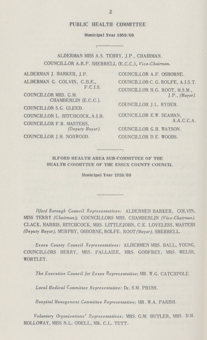 2 PUBLIC HEALTH COMMITTEE Municipal Year 1959/60 ALDERMAN MISS A.S. TERRY, J.P., CHAIRMAN. COUNCILLOR A.R.P. SHERRELL (E.C.C.), Vice-Chairman. ALDERMAN J. BARKER, J.P. ALDERMAN G. COLVIN, C.B.E., F.C.I.S. COUNCILLOR MRS. G.M. CHAMBERLIN (E.C.C.). COUNCILLOR S.G. GLEED. COUNCILLOR L. HITCHCOCK, A.I.B. COUNCILLOR F.R. MASTERS, (Deputy Mayor). COUNCILLOR J.H. NORWOOD. COUNCILLOR A.F. OSBORNE. COUNCILLORC.G.ROLFE, A.I.S.T. COUNCILLOR H.G. ROOT, M.S.M., J.P., (Mayor). COUNCILLOR J.L. RYDER. COUNCILLOR E.W. SEAMAN, A.A.C.C.A. COUNCILLOR G.H. WATSON. COUNCILLOR D.E. WOODS. ILFORD HEALTH AREA SUB-COMMITTEE OF THE HEALTH COMMITTEE OF THE ESSEX COUNTY COUNCIL Municipal Year 1959/60 Ilford Borough Council Representatives: ALDERMEN BARKER, COLVIN, MISS TERRY (Chairman); COUNCILLORS MRS. CHAMBERLIN (Vice-Chairman), CLACK, HARRIS, HITCHCOCK, MRS. LITTLEJOHN, C.E. LOVELESS, MASTERS (Deputy Mayor), MURPHY, OSBORNE, ROLFE, ROOT (Mayor), SHERRELL Essex County Council Representatives: ALDERMEN MRS. BALL, YOUNG, COUNCILLORS BERRY, MRS. FALLAIZE, MRS. GODFREY, MRS. WELSH, WORTLEY. The Executive Council for Essex Representative: MR. W.G. CATCHPOLE. Local Medical Committee Representative: Dr. S.M. PRUSS. Hospital Management Committee Representative: MR. W.A. PARISH. Voluntary Organisations' Representatives: MRS. G.M. BUTLER, MRS. D M. HOLLOWAY, MISS N.L. ODELL, MR. C.L. TUTT.