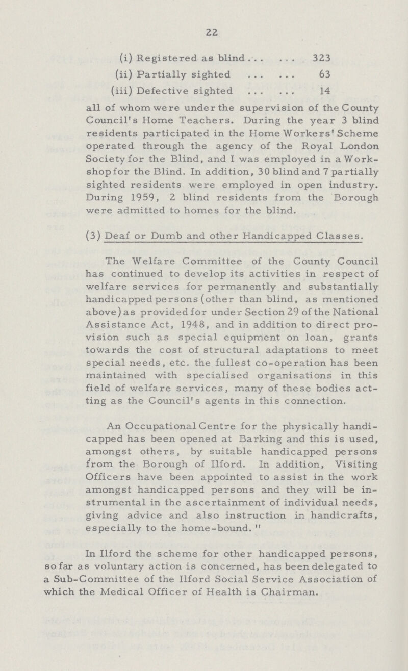 22 (i) Registered as blind 323 (ii) Partially sighted 63 (iii) Defective sighted 14 all of whom were under the supervision of the County Council's Home Teachers. During the year 3 blind residents participated in the Home Workers' Scheme operated through the agency of the Royal London Society for the Blind, and I was employed in aWork shopfor the Blind. In addition, 30 blind and 7 partially sighted residents were employed in open industry. During 1959, 2 blind residents from the Borough were admitted to homes for the blind. (3) Deaf or Dumb and other Handicapped Classes. The Welfare Committee of the County Council has continued to develop its activities in respect of welfare services for permanently and substantially handicapped persons (other than blind, as mentioned above) as provided for under Section 29 of the National Assistance Act, 1948, and in addition to direct pro vision such as special equipment on loan, grants towards the cost, of structural adaptations to meet special needs, etc. the fullest co-operation has been maintained with specialised organisations in this field of welfare services, many of these bodies act ting as the Council's agents in this connection. An Occupational Centre for the physically handi capped has been opened at Barking and this is used, amongst others, by suitable handicapped persons from the Borough of Ilford. In addition, Visiting Officers have been appointed to assist in the work amongst handicapped persons and they will be in strumental in the ascertainment of individual needs, giving advice and also instruction in handicrafts, especially to the home-bound. In Ilford the scheme for other handicapped persons, sofar as voluntary action is concerned, has been delegated to a Sub-Committee of the Ilford Social Service Association of which the Medical Officer of Health is Chairman.
