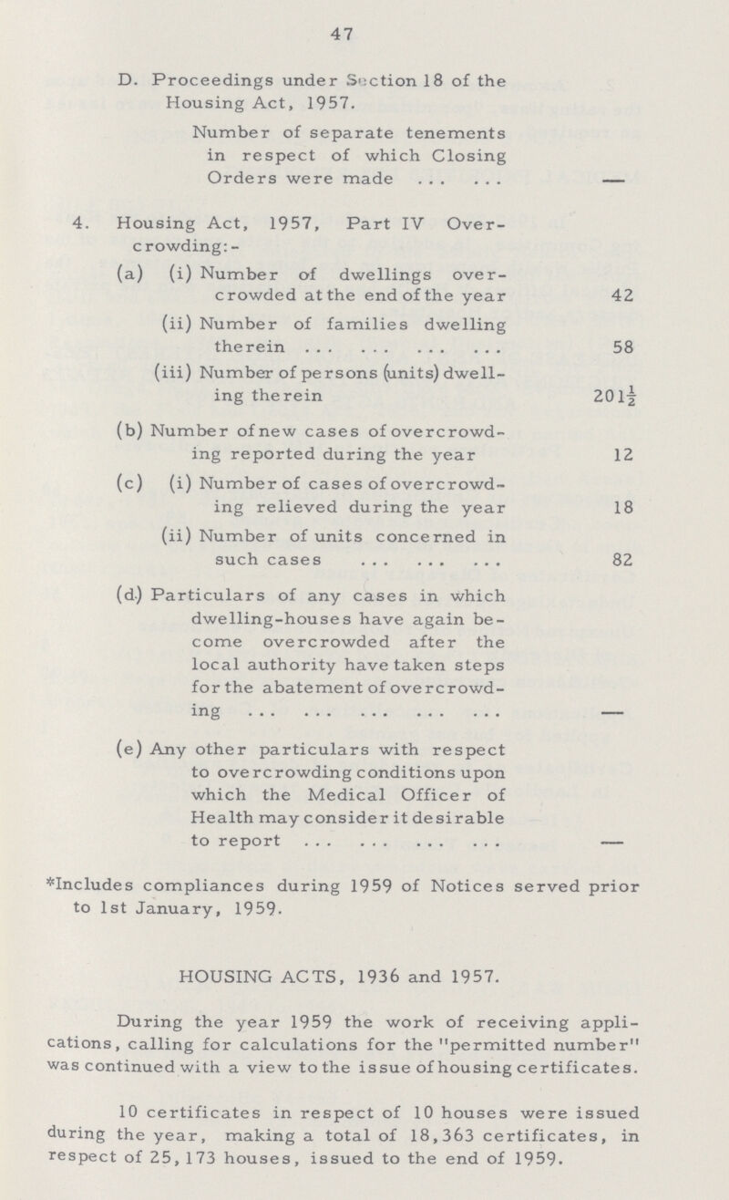 47 D. Proceedings under Section 18 of the Housing Act, 1957. Number of separate tenements in respect of which Closing Orders were made — 4. Housing Act, 1957, Part IV Over crowding:- (a) (i) Number of dwellings over¬ crowded at the end of the year 42 (ii) Number of families dwelling therein 58 (iii) Number of persons (units) dwell ing therein 201½ (b) Number of new cases of overcrowd¬ ing reported during the year 12 (c) (i) Number of cases of overcrowd¬ ing relieved during the year 18 (ii) Number of units concerned in such cases 82 (d) Particulars of any cases in which dwelling-houses have again be come overcrowded after the local authority have taken steps for the abatement of overcrowd¬ ing - (e) Any other particulars with respect to overcrowding conditions upon which the Medical Officer of Health may consider it desirable to report — *Includes compliances during 1959 of Notices served prior to 1st January, 1959. HOUSING ACTS, 1936 and 1957. During the year 1959 the work of receiving appli cations, calling for calculations for the permitted number was continued with a view to the issue of housing certificates. 10 certificates in respect of 10 houses were issued during the year, making a total of 18,363 certificates, in respect of 25, 173 houses, issued to the end of 1959.