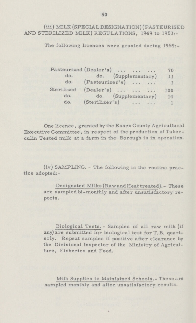 50 (iii) MILK (SPECIAL DESIGNATION) (PASTEURISED AND STERILIZED MILK) REGULATIONS, 1949 to 1953:- The following licences were granted during 1959:— Pasteurized (Dealer's) 70 do. do. (Supplementary) 11 do. (Pasteurizer's) 1 Sterilized (Dealer's) 100 do. do. (Supplementary) 14 do. (Sterilizer's) 1 One licence, granted by the Essex County Agricultural Executive Committee, in respect of the production of Tuber culin Tested milk at a farm in the Borough is in operation. (iv) SAMPLING.- The following is the routine prac tice adopted:- Designated Milks (Raw and Heat treated).- These are sampled bi-monthly and after unsatisfactory re ports. Biological Tests.- Samples of all raw milk (if any) are submitted for biological test for T. B. quart erly. Repeat samples if positive after clearance by the Divisional Inspector of the Ministry of Agricul ture, Fisheries and Food. Milk Supplies to Maintained Schools.- These are sampled monthly and after unsatisfactory results.