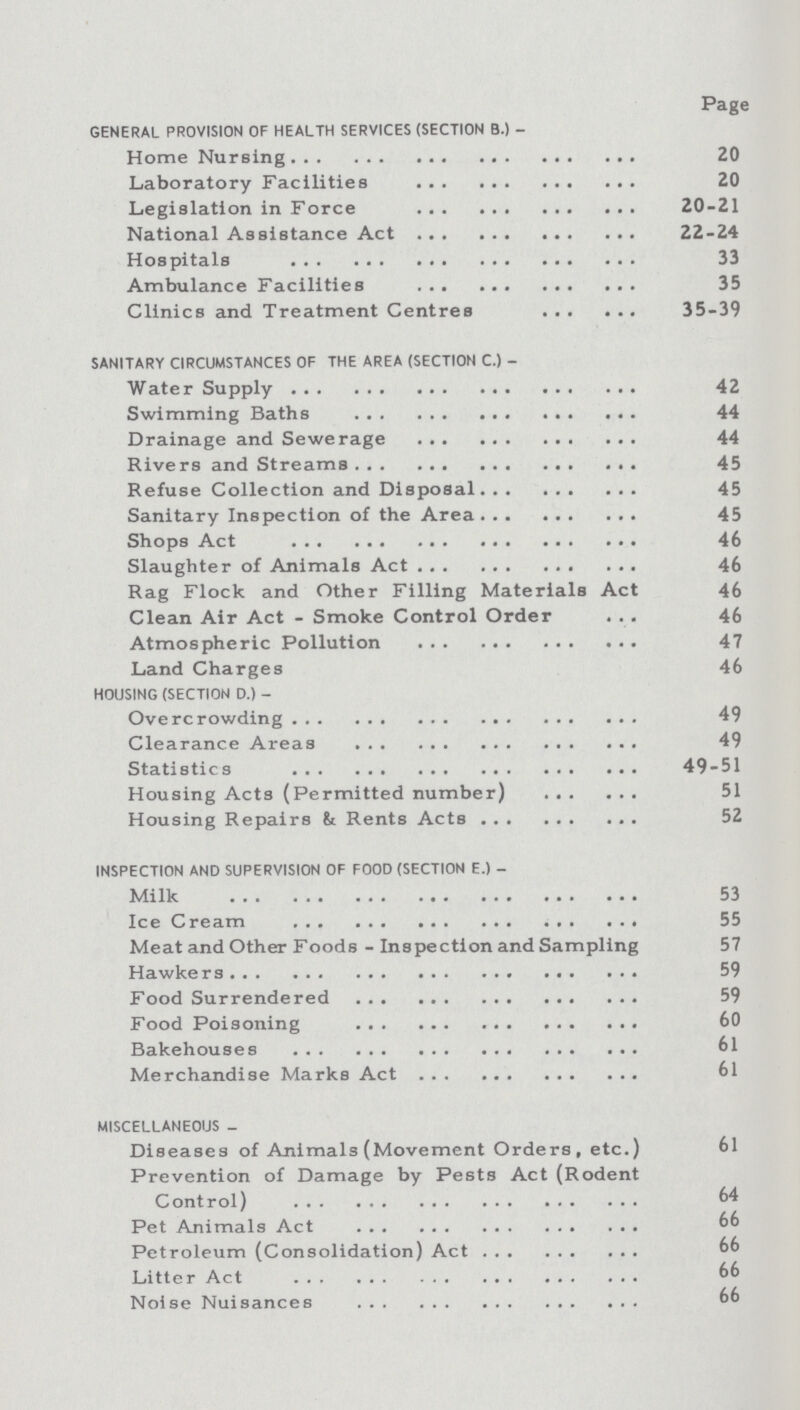 Page GENERAL PROVISION OF HEALTH SERVICES (SECTION B.) - Home Nursing 20 Laboratory Facilities 20 Legislation in Force 20-21 National Assistance Act 22-24 Hospitals 33 Ambulance Facilities 35 Clinics and Treatment Centres 35-39 SANITARY CIRCUMSTANCES OF THE AREA (SECTION C.) - Water Supply 42 Swimming Baths 44 Drainage and Sewerage 44 Rivers and Streams 45 Refuse Collection and Disposal 45 Sanitary Inspection of the Area 45 Shops Act 46 Slaughter of Animals Act 46 Rag Flock and Other Filling Materials Act 46 Clean Air Act - Smoke Control Order 46 Atmospheric Pollution 47 Land Charges 46 HOUSING (SECTION D.) - Overcrowding 49 Clearance Areas 49 Statistics 49-51 Housing Acts (Permitted number) 51 Housing Repairs & Rents Acts 52 INSPECTION AND SUPERVISION OF FOOD (SECTION E.) - Milk 53 Ice Cream 55 Meat and Other Foods - Inspection and Sampling 57 Hawkers 59 Food Surrendered 59 Food Poisoning 60 Bakehouses 61 Merchandise Marks Act 61 MISCELLANEOUS - Diseases of Animals (Movement Orders, etc.) 61 Prevention of Damage by Pests Act (Rodent Control) 64 Pet Animals Act 66 Petroleum (Consolidation) Act 66 Litter Act 66 Noise Nuisances 66