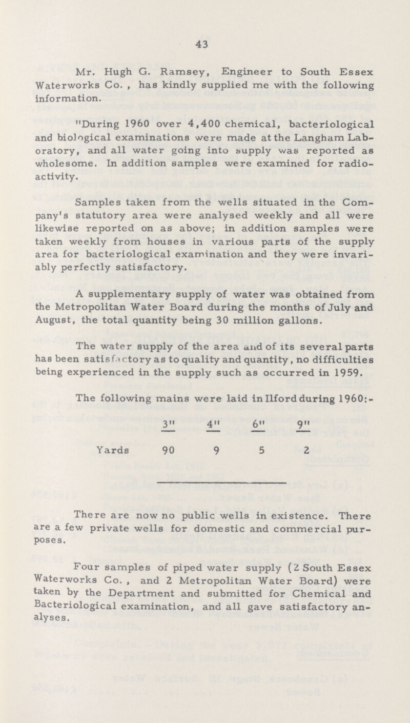 43 Mr. Hugh G. Ramsey, Engineer to South Essex Waterworks Co. , has kindly supplied me with the following information. During 1960 over 4,400 chemical, bacteriological and biological examinations were made at the Langham Lab oratory, and all water going into supply was reported as wholesome. In addition samples were examined for radio activity. Samples taken from the wells situated in the Com pany's statutory area were analysed weekly and all were likewise reported on as above; in addition samples were taken weekly from houses in various parts of the supply area for bacteriological examination and they were invari ably perfectly satisfactory. A supplementary supply of water was obtained from the Metropolitan Water Board during the months of July and August, the total quantity being 30 million gallons. The water supply of the area and of its several parts has been satisfactory as to quality and quantity, no difficulties being experienced in the supply such as occurred in 1959. The following mains were laid in Ilford during 1960: 3 4 6 9 Yards 90 9 5 2 There are now no public wells in existence. There are a few private wells for domestic and commercial pur poses. Four samples of piped water supply (2 South Essex Waterworks Co. , and 2 Metropolitan Water Board) were taken by the Department and submitted for Chemical and Bacteriological examination, and all gave satisfactory an alyses.