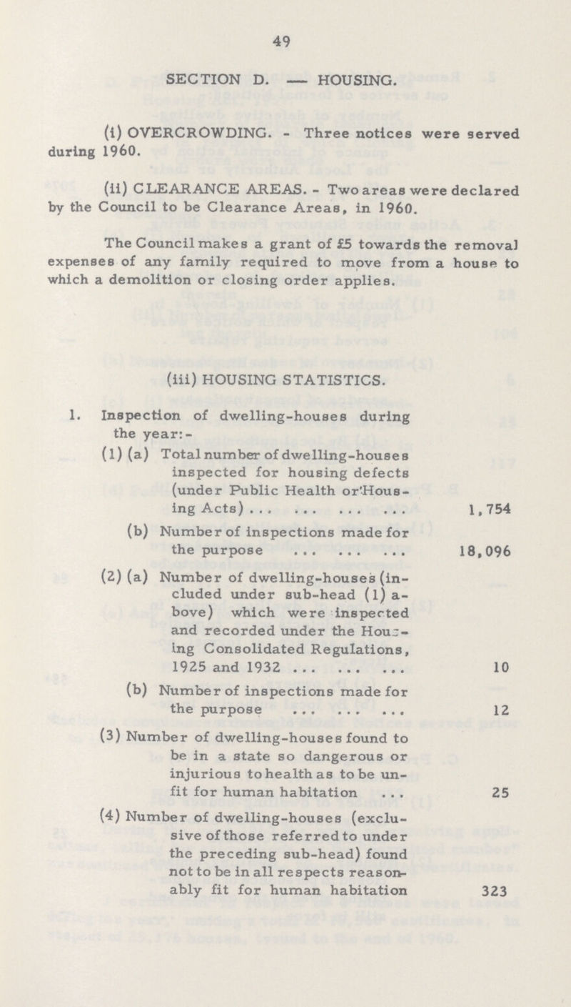 49 SECTION D. — HOUSING. (i) OVERCROWDING. - Three notices were served during 1960. (ii) CLEARANCE AREAS. - Two areas were declared by the Council to be Clearance Areas, in 1960. The Council makes a grant of £5 towards the removal expenses of any family required to move from a house to which a demolition or closing order applies. (iii) HOUSING STATISTICS. 1. Inspection of dwelling-houses during the year:- (1) (a) Total number of dwelling-houses inspected for housing defects (under Public Health or'Hous ing Acts) 1, 754 (b) Number of inspections made for the purpose 18,096 (2) (a) Number of dwelling-houses (in¬ cluded under sub-head (l)a bove) which were inspected and recorded under the Hous ing Consolidated Regulations, 1925 and 1932 10 (b) Number of inspections made for the purpose 12 (3) Number of dwelling-houses found to be in a state so dangerous or injurious to health as to be un fit for human habitation 25 (4) Number of dwelling-houses (exclu¬ sive of those referred to under the preceding sub-head)found not to be in all respects reason ably fit for human habitation 323