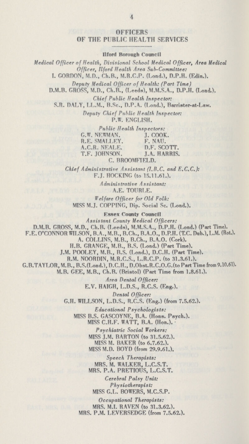 4 OFFICERS OF THE PUBLIC HEALTH SERVICES ilford Borough Council Medical Officer of Health, Divisional School Medical Officer, Area Medical Officer, llford Health Area Sub-Committee: I. GORDON, M.D., Ch.B., M.R.C.P. (Lond.), D.P.H. (Edin.). Deputy Medical Officer of Health: (Part Time) D.M.B. GROSS, M.D., Ch.B., (Leeds), M.M.S.A., D.P.H. (Lond.). Chief Public Health Inspector: S.R. DALY, LL.M., B.Sc., D.P.A. (Lond.), Barriater-at-Law. Deputy Chief Public Health Inspector: P.W. ENGLISH. Public Health Inspectors: G.W. NEWMAN. J. COOK. R.E. SMALLEY. F. NAU. A.C.R. NEALE. B.F. SCOTT. T.F. JOHNSON. J.A. HARRIS. C. BROOMFIELD. Chief Administrative Assistant (I.B.C. and E.C.C.): F.J. HOCKING (to 15.11.61.). Administrative Assistant: A.E. TOURLE. Welfare Officer for Old Folk: MISS M.J. COPPING, Dip. Social Sc. (Lond.). Essex County Council A ss is tanl County Medical Officers: D.M.B. GROSS, M.D., Ch.B. (Leeds), M.M.S.A., D.P.H. (Lond.) (Part Time). F.E. O'CONNOR WILSON, B.A., M.B., B.Ch., B.A.O., D.P.H. (T.C. Dub.),L.M. (Rot.). A. COLLINS, M.B., B.Ch., B.A.O. (Cork). H.B. GRANGE, M.B., B.S. (Lond.) (Part Time). J.M. POOLEY, M.B., B.S. (Lond.), D.C.H. (Part Time). R.M. NOORDIN, M.R.C.S., L.R.C.P. (to 31.3.61.). G.B.TAYLOR, M.B., B.S.(Lond.), D.C.H., D.Obst.R.C.O.G.(to Part Time from 9.10.61). M.B. GEE, M.B., Ch.B. (Bristol) (Part Time from 1.8.61.). Area Dental Officer: E.V. HAIGH, L.D.S., R.C.S. (Eng.). Dental Officer: G.H. WILLSON, L.D.S., R.C.S. (Eng.) (from 7.5.62.). Educational Psychologists: MISS B.S. GASCOYNE, B.A. (Hons. Psych.). MISS C.H.F. WATT, B.A. (Hon.). Psychiatric Social Workers: MISS J.M. BARTON (to 31.5.62.). MISS M. BAKER (to 6.7.62.). MISS M.D. BOYD (from 29.9.61.). Speech Therapists: MRS. M. WALKER, L.C.S.T. MRS. P.A. PRETIOUS, L.C.S.T. Cerebral Palsy Unit: Physiotherapist: MISS G.L. BOWERS, M.C.S.P. Occupational Therapists: MRS. M.I. RAVEN (to 31.3.62.). MRS. P.M. LEVERSEDGE (from 7.5.62.).