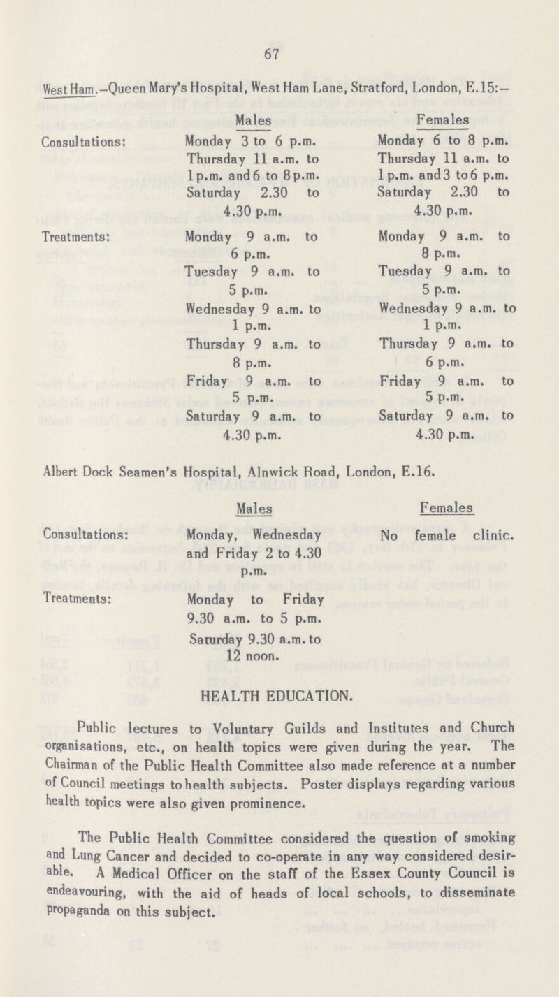 67 West Ham.-Queen Mary's Hospital, West Ham Lane, Stratford, London, E. 15: — Males Females Consultations: Monday 3 to 6 p.m. Monday 6 to 8 p.m. Thursday 11 a.m. to 1p.m. and 6 to 8 p.m. Thursday 11 a.m. to 1 p.m. and 3 to 6 p.m. Saturday 2.30 to 4.30 p.m. Saturday 2.30 to 4.30 p.m. Treatments: Monday 9 a.m. to 6 p.m. Monday 9 a.m. to 8 p.m. Tuesday 9 a.m. to 5 p.m. Tuesday 9 a.m. to 5 p.m. Wednesday 9 a.m. to 1 p.m. Wednesday 9 a.m. to 1 p.m. Thursday 9 a.m. to 8 p.m. Thursday 9 a.m. to 6 p.m. Friday 9 a.m. to 5 p.m. Friday 9 a.m. to 5 p.m. Saturday 9 a.m. to 4.30 p.m. Saturday 9 a.m. to 4.30 p.m. Albert Dock Seamen's Hospital, Alnwick Road, London, E.16. Males Females Consultations: Monday, Wednesday and Friday 2 to 4.30 p.m. No female clinic. Treatments: Monday to Friday 9.30 a.m. to 5 p.m. Saturday 9.30 a.m. to 12 noon. HEALTH EDUCATION. Public lectures to Voluntary Guilds and Institutes and Church organisations, etc., on health topics were given during the year. The Chairman of the Public Health Committee also made reference at a number of Council meetings to health subjects. Poster displays regarding various health topics were also given prominence. The Public Health Committee considered the question of smoking and Lung Cancer and decided to co-operate in any way considered desir able. A Medical Officer on the staff of the Essex County Council is endeavouring, with the aid of heads of local schools, to disseminate propaganda on this subject.