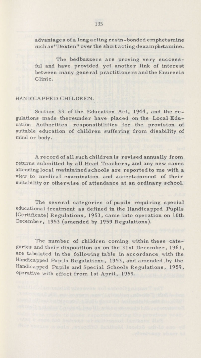 135 advantages of a long acting resin-bonded emphetamine such asDexten over the short acting dexamphetamine. The bed buzzers are proving very success ful and have provided yet another link of interest between many general practitioners and the Enuresis Clinic. HANDICAPPED CHILDREN. Section 33 of the Education Act, 1944, and the re gulations made thereunder have placed on the Local Edu cation Authorities responsibilities for the provision of suitable education of children suffering from disability of mind or body. A record of all such children is revised annually from returns submitted by all Head Teachers, and any new cases attending local maintained schools are reported to me with a view to medical examination and ascertainment of their suitability or otherwise of attendance at an ordinary school. The several categories of pupils requiring special educational treatment as defined in the Handicapped Pupils (Certificate) Regulations, 1953, came into operation on 16th December, 1953 (amended by 1959 Regulations). The number of children coming within these cate gories and their disposition as on the 31st December, 1961, are tabulated in the following table in accordance with the Handicapped Pupils Regulations, 1953, and amended by the Handicapped Pupils and Special Schools Regulations, 1959, operative with effect from 1st April, 1959.