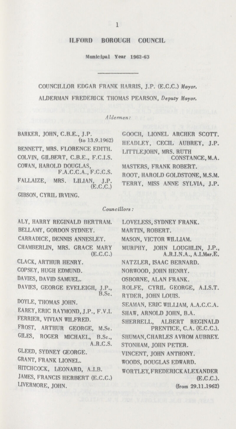 1 ILFOIID BOROUGH COUNCIL Municipal Year 1962-63 COUNCILLOR EDGAR FRANK HARRIS, J.P. (E.C.C.) Mayor. ALDERMAN FREDERICK THOMAS PEARSON, Deputy Mayor. A Idermen: BARKER, JOHN, C.B.E., J.P. GOOCH, LIONEL ARCHER SCOTT. (to 13.9.1962) HEADLEY, CECIL AUBREY, J.P. BENNETT, MRS. FLORENCE EDITH. LITTLEJOHN, MRS. RUTH COLVIN, GILBERT, C.B.E., F.C.I.S. CONSTANCE, M.A. COWAN, HAROLD DOUGLAS, MASTERS, FRANK ROBERT. F.A.C.C.A., F.C.C.S. R0OT HAR0LD GOLDSTONE, M.S.M. FALLAIZE, MRS. LILIAN J.P. (E.C.C.) TERRY, MISS ANNE SYLVIA, J.P. GIBSON, CYRIL IRVING. Councillors: ALY, HARRY REGINALD BERTRAM. LOVELESS, SYDNEY FRANK. BELLAMY, GORDON SYDNEY. MARTIN, ROBERT. CARRADICE, DENNIS ANNESLEY. MASON, VICTOR WILLIAM. CHAMBERLIN, MRS. GRACE MARY MURPHY, JOHN LOUGHLIN, J.P., (E.C.C.) A.R.I.N.A., A.I.Mar.E. CLACK, ARTHUR HENRY. NATZLER, ISAAC BERNARD. COPSEY, HUGH EDMUND. NORWOOD, JOHN HENRY. DA VIES, DAVID SAMUEL. OSBORNE. ALAN FRANK. DAVIES, GEORGE EVELEIGH, J.P., ROLFE, CYRIL GEORGE, A.I.S.T. B.Sc. RYDER, JOHN LOUIS. DOYLE, THOMAS JOHN. SEAMAN, ERIC WILUAM, A.A.C.C.A. EAREY, ERIC RAYMOND, J.P., F.V.I. SHAW ARNOLD JOHN, B.A. FERRIER, VIVIAN WILFRED. SHERRELL, ALBERT REGINALD FROST, ARTHUR GEORGE, M.Sc. PRENTICE, C.A. (E.C.C.). GILES, ROGER MICHAEL, B.Sc., SHUMAN.CHARLES AVROM AUBREY. A.R.C.S. STONHAM, JOHN PETER. GLEED, SYDNEY GEORGE. VINCENT, JOHN ANTHONY. GRANT, FRANK LIONEL. WOODS, DOUGLAS EDWARD. HITCHCOCK, LEONARD, A.I.B. WORTLEY, FREDERICK ALEXANDER JAMES, FRANCIS HERBERT (E.C.C.) (E.C.C.). UVERMORE, JOHN. (from 29.11.1962)