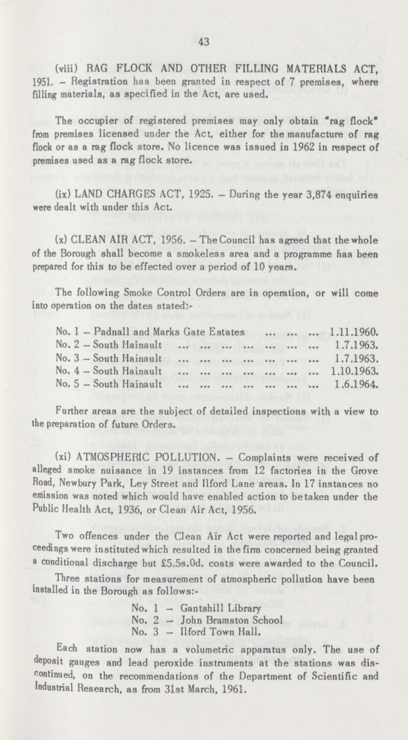 43 (viii) RAG FLOCK AND OTHER FILLING MATERIALS ACT, 1951. — Registration has been granted in respect of 7 premises, where filling materials, as specified in the Act, are used. The occupier of registered premises may only obtain rag flock from premises licensed under the Act, either for the manufacture of rag flock or as a rag flock store. No licence was issued in 1962 in respect of premises used as a rag flock store. (ix) LAND CHARGES ACT, 1925. — During the year 3,874 enquiries were dealt with under this Act. (x) CLEAN AIR ACT, 1956. — The Council has agreed that the whole of the Borough shall become a smokeless area and a programme has been prepared for this to be effected over a period of 10 years. The following Smoke Control Orders are in operation, or will come into operation on the dates stated:- No. 1 — Padnall and Marks Gate Estates 1.11.1960. No. 2 — South Hainault 1.7.1963. No. 3 — South Hainault 1.7.1963. No. 4 — South Hainault 1.10.1963. No. 5 — South Hainault 1.6.1964. Further areas are the subject of detailed inspections with a view to the preparation of future Orders. (xi) ATMOSPHERIC POLLUTION. — Complaints were received of alleged smoke nuisance in 19 instances from 12 factories in the Grove Road, Newbury Park, Ley Street and Ilford Lane areas. In 17 instances no emission was noted which would have enabled action to betaken under the Public Health Act, 1936, or Clean Air Act, 1956. Two offences under the Clean Air Act were reported and legal pro ceedings were instituted which resulted in the firm concerned being granted a conditional discharge but £5.5s.0d. costs were awarded to the Council. Three stations for measurement of atmospheric pollution have been installed in the Borough as follows:- No. 1 — Gantshill Library No. 2 — John Bramston School No. 3 — Ilford Town Hall. Each station now has a volumetric apparatus only. The use of deposit gauges and lead peroxide instruments at the stations was dis continued, on the recommendations of the Department of Scientific and Industrial Research, as from 31st March, 1961.