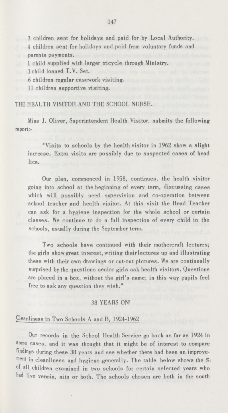 147 3 children sent for holidays and paid for by Local Authority. 4 children sent for holidays and paid from voluntary funds and parents payments. 1 child supplied with larger tricycle through Ministry. I child loaned T.V. Set. 6 children regular casework visiting. 11 children supportive visiting. THE HEALTH VISITOR AND THE SCHOOL NURSE. Miss J. Oliver, Superintendent Health Visitor, submits the following report:- Visits to schools by the health visitor in 1962 show a slight increase. Extra visits are possibly due to suspected cases of head lice. Our plan, commenced in 1958, continues, the health visitor going into school at the beginning of every term, discussing cases which will possibly need supervision and co-operation between school teacher and health visitor. At this visit the Head Teacher can ask for a hygiene inspection for the whole school or certain classes. We continue to do a full inspection of every child in the schools, usually during the September term. Two schools have continued with their mothercraft lectures; the girls show great interest, writing theirlectures up and illustrating these with their own drawings or cut-out pictures. We are continually surprised by the questions senior girls ask health visitors. Questions are placed in a box, without the girl's name; in this way pupils feel free to ask any question they wish. 38 YEARS ON! Cleanliness in Two Schools A and B, 1924-1962 Our records in the School Health Service go back as far as 1924 in some cases, and it was thought that it might be of interest to compare findings during these 38 years and see whether there had been an improve ment in cleanliness and hygiene generally. The table below shows the % of all children examined in two schools for certain selected years who had live vermin, nits or both. The schools chosen are both in the south