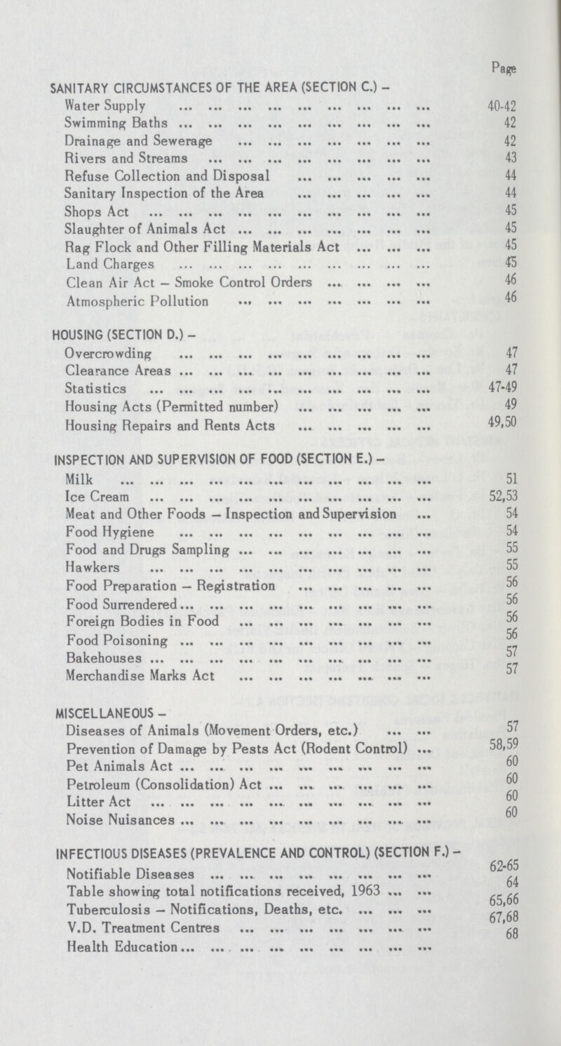 Page SANITARY CIRCUMSTANCES OF THE AREA (SECTION C.)- Water Supply 40-42 Swimming Baths 42 Drainage and Sewerage 42 Rivers and Streams 43 Refuse Collection and Disposal 44 Sanitary Inspection of the Area 44 Shops Act 45 Slaughter of Animals Act 45 Rag Flock and Other Filling Materials Act 45 Land Charges 45 Clean Air Act — Smoke Control Orders 46 Atmospheric Pollution 46 HOUSING (SECTION D.) - Overcrowding 47 Clearance Areas 47 Statistics 47-49 Housing Acts (Permitted number) 49 Housing Repairs and Rents Acts 49,50 INSPECTION AND SUPERVISION OF FOOD (SECTION E.) Milk 51 Ice Cream 52,53 Meat and Other Foods — Inspection and Supervision 54 Food Hygiene 54 Food and Drugs Sampling 55 Hawkers 55 Food Preparation — Registration 56 Food Surrendered 56 Foreign Bodies in Food 56 Food Poisoning 56 Bakehouses 57 Merchandise Marks Act 57 MISCELLANEOUS - Diseases of Animals (Movement Orders, etc.) 57 Prevention of Damage by Pests Act (Rodent Control) 58,59 Pet Animals Act 60 Petroleum (Consolidation) Act 60 Litter Act 60 Noise Nuisances 60 INFECTIOUS DISEASES (PREVALENCE AND CONTROL) (SECTION F.) - Notifiable Diseases 62-65 Table showing total notifications received, 1963 64 Tuberculosis — Notifications, Deaths, etc 65-66 V.D. Treatment Centres 67-68 Health Education 68