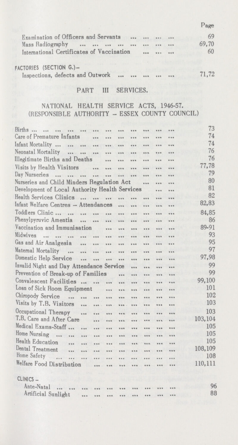 Page Examination of Officers and Servants 69 Mass Radiography 69,70 International Certificates of Vaccination 60 FACTORIES (SECTION G.)- Inspections, defects and Outwork 71,72 PART III SERVICES. NATIONAL HEALTH SERVICE ACTS, 1946-57. (RESPONSIBLE AUTHORITY - ESSEX COUNTY COUNCIL) Births 73 Care of Premature Infants 74 Infant Mortality 74 Neonatal Mortality 76 Illegitimate Births and Deaths 76 Visits by Health Visitors 77,78 Day Nurseries 79 Nurseries and Child Minders Regulation Act 80 Development of Local Authority Health Services 81 Health Services Clinics 82 Infant Welfare Centres — Attendances 82,83 Toddlers Clinic 84,85 Phenylpyruvic Amentia 86 Vaccination and Immunisation 89-91 Midwives 93 Gas and Air Analgesia 95 Maternal Mortality 97 Domestic Help Service 97,98 Invalid Night and Day Attendance Service 99 Prevention of Break-up of Families 99 Convalescent Facilities 99,100 Loan of Sick Room Equipment 101 Chiropody Service 102 Visits by T.B. Visitors 103 Occupational Therapy 103 T.B. Care and After Care 103,104 Medical Exams-Staff 105 Home Nursing 105 Health Education 105 Dental Treatment 108,109 Home Safety 108 Welfare Food Distribution 110,111 CLINICS - Ante-Natal 96 Artificial Sunlight 88