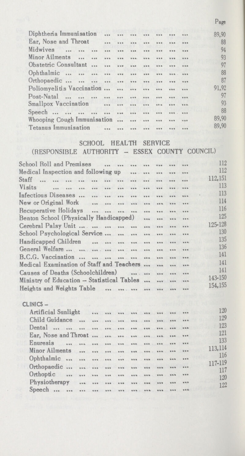 Page Diphtheria Immunisation 89,90 Ear, Nose and Throat 88 Midwives 94 Minor Ailments 93 Obstetric Consultant 97 Ophthalmic 88 Orthopaedic 87 Poliomyelitis Vaccination 91,92 Post-Natal 97 Smallpox Vaccination 93 Speech 88 Whooping Cough Immunisation 89,90 Tetanus Immunisation 89,90 SCHOOL HEALTH SERVICE (RESPONSIBLE AUTHORITY - ESSEX COUNTY COUNCIL) School Roll and Premises 112 Medical Inspection and following up 112 Staff 112,151 Visits 113 Infectious Diseases 113 New or Original Work 114 Recuperative Holidays 116 Benton School (Physically Handicapped) 125 Cerebral Palsy Unit 125-128 School Psychological Service 130 Handicapped Children 135 General Welfare 136 B.C.G. Vaccination 141 Medical Examination of Staff and Teachers 141 Causes of Deaths (Schoolchildren) 141 Ministry of Education — Statistical Tables 143-150 Heights and Weights Table 154,155 CLINICS - Artificial Sunlight 120 Child Guidance 129 Dental 123 Ear, Nose and Throat 121 Enuresis 133 Minor Ailments 113,114 Ophthalmic 116 Orthopaedic 117-119 Orthoptic 117 Physiotherapy 120 Speech 122