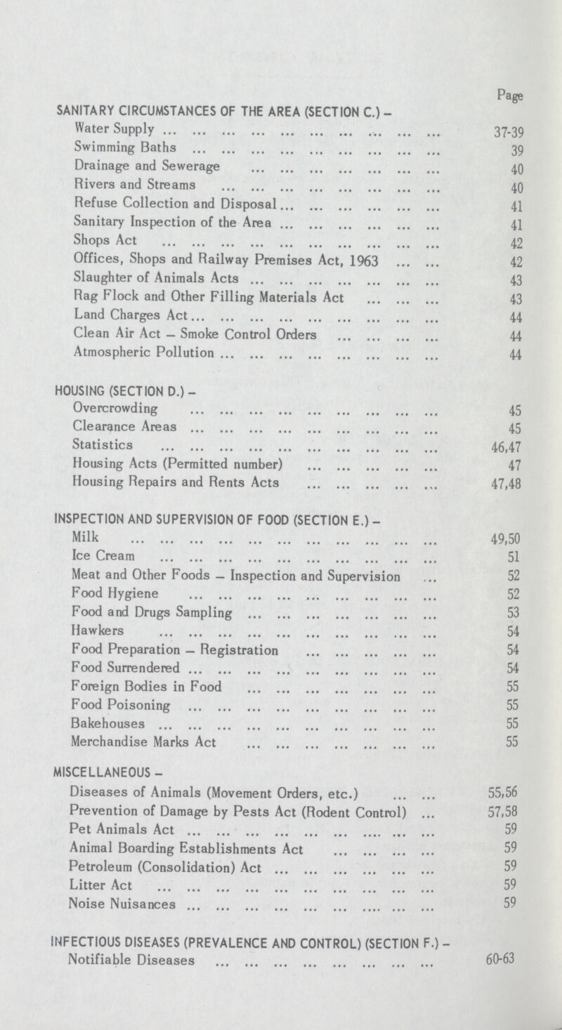 Page SANITARY CIRCUMSTANCES OF THE AREA (SECTION C.)- Water Supply 37-39 Swimming Baths 39 Drainage and Sewerage 40 Rivers and Streams 40 Refuse Collection and Disposal 41 Sanitary Inspection of the Area 41 Shops Act 42 Offices, Shops and Railway Premises Act, 1963 42 Slaughter of Animals Acts 43 Rag Flock and Other Filling Materials Act 43 Land Charges Act 44 Clean Air Act — Smoke Control Orders 44 Atmospheric Pollution 44 HOUSING (SECTION D.)- Overcrowding 45 Clearance Areas 45 Statistics 46,47 Housing Acts (Permitted number) 47 Housing Repairs and Rents Acts 47,48 INSPECTION AND SUPERVISION OF FOOD (SECTION E.) - Milk 49,50 Ice Cream 51 Meat and Other Foods — Inspection and Supervision 52 Food Hygiene 52 Food and Drugs Sampling 53 Hawkers 54 Food Preparation — Registration 54 Food Surrendered 54 Foreign Bodies in Food 55 Food Poisoning 55 Bakehouses 55 Merchandise Marks Act 55 MISCELLANEOUS - Diseases of Animals (Movement Orders, etc.) 55,56 Prevention of Damage by Pests Act (Rodent Control) 57,58 Pet Animals Act 59 Animal Boarding Establishments Act 59 Petroleum (Consolidation) Act 59 Litter Act 59 Noise Nuisances 59 INFECTIOUS DISEASES (PREVALENCE AND CONTROL) (SECTION F.) - Notifiable Diseases 60-63