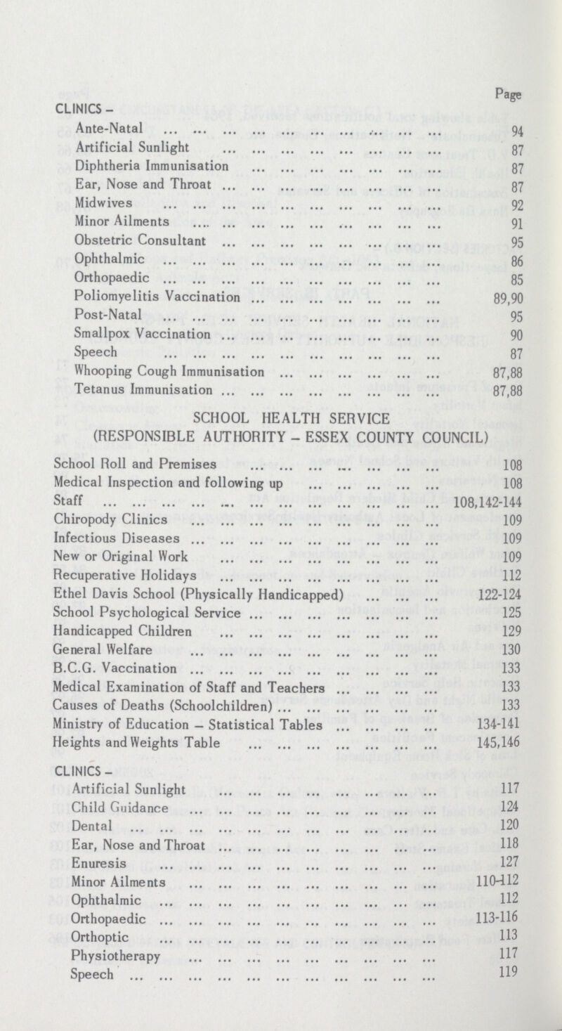 Page CLINICS - Ante-Natal 94 Artificial Sunlight 87 Diphtheria Immunisation 87 Ear, Nose and Throat 87 Midwives 92 Minor Ailments 91 Obstetric Consultant 95 Ophthalmic 86 Orthopaedic 85 Poliomyelitis Vaccination 89,90 Post-Natal 95 Smallpox Vaccination 90 Speech 87 Whooping Cough Immunisation 87,88 Tetanus Immunisation 87,88 SCHOOL HEALTH SERVICE (RESPONSIBLE AUTHORITY - ESSEX COUNTY COUNCIL) School Roll and Premises 108 Medical Inspection and following up 108 Staff 108,142-144 Chiropody Clinics 109 Infectious Diseases 109 New or Original Work 109 Recuperative Holidays 112 Ethel Davis School (Physically Handicapped) 122-124 School Psychological Service 125 Handicapped Children 129 General Welfare 130 B.C.G. Vaccination 133 Medical Examination of Staff and Teachers 133 Causes of Deaths (Schoolchildren) 133 Ministry of Education — Statistical Tables 134-141 Heights and Weights Table 145,146 CLINICS - Artificial Sunlight 117 Child Guidance 124 Dental 120 Ear, Nose and Throat 118 Enuresis 127 Minor Ailments 110-112 Ophthalmic 112 Orthopaedic 113-116 Orthoptic 113 Physiotherapy 117 Speech 119