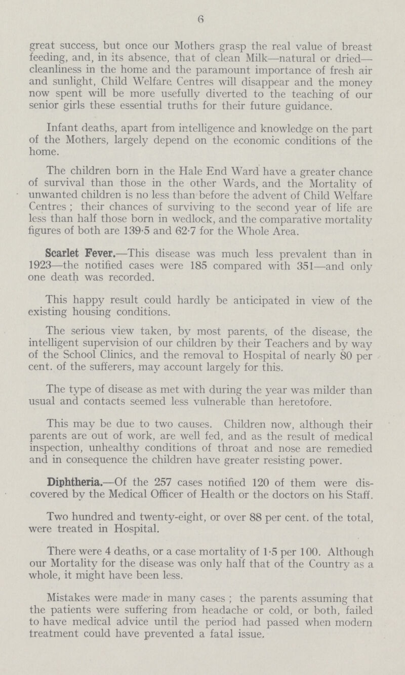 6 great success, but once our Mothers grasp the real value of breast feeding, and, in its absence, that of clean Milk—natural or dried— cleanliness in the home and the paramount importance of fresh air and sunlight, Child Welfare Centres will disappear and the money now spent will be more usefully diverted to the teaching of our senior girls these essential truths for their future guidance. Infant deaths, apart from intelligence and knowledge on the part of the Mothers, largely depend on the economic conditions of the home. The children born in the Hale End Ward have a greater chance of survival than those in the other Wards, and the Mortality of unwanted children is no less than before the advent of Child Welfare Centres ; their chances of surviving to the second year of life are less than half those born in wedlock, and the comparative mortality figures of both are 139-5 and 62-7 for the Whole Area. Scarlet Fever.—This disease was much less prevalent than in 1923—the notified cases were 185 compared with 351—and only one death was recorded. This happy result could hardly be anticipated in view of the existing housing conditions. The serious view taken, by most parents, of the disease, the intelligent supervision of our children by their Teachers and by way of the School Clinics, and the removal to Hospital of nearly 80 per cent, of the sufferers, may account largely for this. The type of disease as met with during the year was milder than usual and contacts seemed less vulnerable than heretofore. This may be due to two causes. Children now, although their parents are out of work, are well fed, and as the result of medical inspection, unhealthy conditions of throat and nose are remedied and in consequence the children have greater resisting power. Diphtheria.—Of the 257 cases notified 120 of them were dis covered by the Medical Officer of Health or the doctors on his Staff. Two hundred and twenty-eight, or over 88 per cent, of the total, were treated in Hospital. There were 4 deaths, or a case mortality of 1-5 per 100. Although our Mortality for the disease was only half that of the Country as a whole, it might have been less. Mistakes were made' in many cases ; the parents assuming that the patients were suffering from headache or cold, or both, failed to have medical advice until the period had passed when modern treatment could have prevented a fatal issue.
