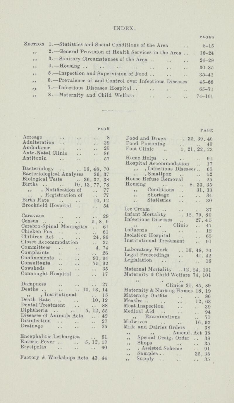 INDEX. pages Section 1.—Statistics and Social Conditions of the Area 8-15 ,, 2.—General Provision of Health Services in the Area 16-24 ,, 3.—Sanitary Circumstances of the Area 24-29 ,, 4.—Housing 30-35 ,, 5.—Inspection and Supervision of Food 35-41 ,, 6.—Prevalence of and Control over Infectious Diseases 45-65 7.—Infectious Diseases Hospital 65-71 ,, 8.—Maternity and Child Welfare 74-101 page Acreage 8 Adulteration 39 Ambulance 20 Ante-Natal Clinic 86 Antitoxin 57 Bacteriology 16,48, 70 Bacteriological Analyses 36, 37 Biological Tests 36,37,38 Births 10,13,77,78 ,, , Notification of 77 ,, , Registration of 77 Birth Rate 10, 12 Brookfield Hospital 54 Caravans 29 Census 5,8,9 Cerebro-Spinal Meningitis 61 Chicken Pox 61 Children Act 24,86 Closet Accommodation 25 Committees 4,74 Complaints 26 Confinements 91,94 Consultants 75,92 Cowsheds 35 Connaught Hospital 17 Dampness 27 Deaths 10, 13, 14 ,, .Institutional 15 Death Rate 10, 12 Dental Treatment 88 Diphtheria 5, 12,55 Diseases of Animals Acts 42 Disinfection 27 Drainage 25 Encephalitis Lethargica 61 Enteric Fever 5, 12, 57 Erysipelas 60 Factory & Workshops Acts 43, 44 page Food and Drugs 35,39,40 Food Poisoning 40 Foot Clinic . 5,21,22,23 Home Helps 91 Hospital Accommodation 17 ,, , Infectious Diseases 65 ,, , Smallpox 52 House Refuse Removal 25 Housing 8,33,35 ,, Conditions 31, 33 ,, Shortage 34 ,, Statistics 30 Ice Cream 37 Infant Mortality 12, 79, 80 Infectious Diseases 27, 4 5 ,, ,, Clinic 47 Influenza 12 Isolation Hospital 65 Institutional Treatment 91 Laboratory Work 16, 48, 70 Legal Proceedings 41, 42 Legislation 16 Maternal Mortality 12,24, 101 Maternity & Child Welfare 74, 101 Clinics 21, 85, 89 Maternity & Nursing Homes 18, 19 Maternity Outfits 86 Measles 12, 63 Meat Inspection 39 Medical Aid 94 ,, Examinations 71 Midwives 16,93 Milk and Dairies Orders 38 ,, ,, , Amend. Act 38 ,, Special Desig. Order 38 ,, Shops 35 ,, , Assisted Scheme 91 ,, Samples 35, 38 ,, Supply 35