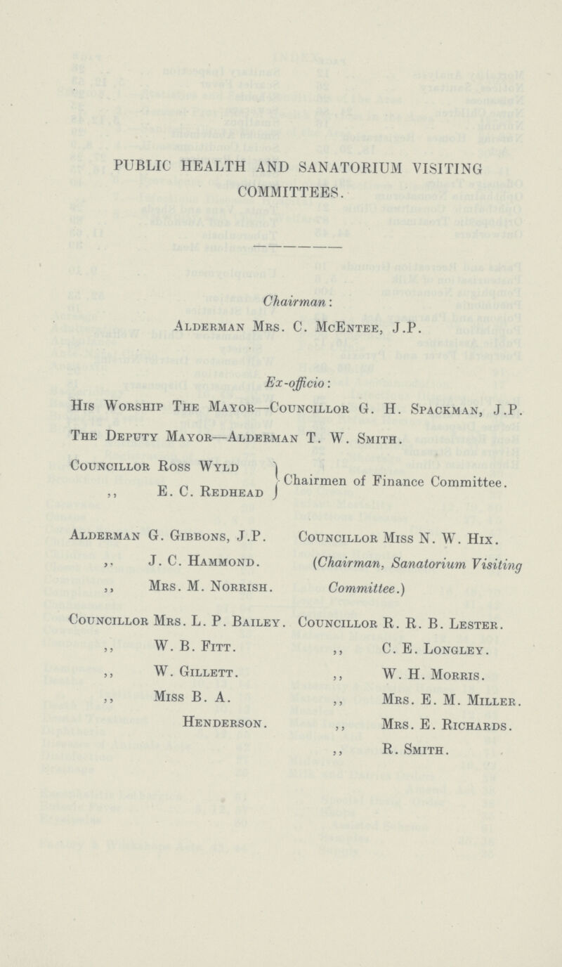 PUBLIC HEALTH AND SANATORIUM VISITING COMMITTEES. Chairman: Alderman Mrs. C. McEntee, J.P. Ex-officio: His Worship The Mayor—Councillor G. H. Spaceman, J.P. The Deputy Mayor—Alderman T. W. Smith. Councillor Ross Wyld Chairmen of Finance Committee. ,, E. C. Redhead Alderman G. Gibbons, J.P. ,, J. C. Hammond. ,, Mrs. M. Norrish. Councillor Mrs. L. P. Bailey. ,, W. B. Fitt. ,, W. Gillett. ,, Miss B. A. Henderson. Councillor Miss N. W. Hix. (Chairman, Sanatorium Visiting Committee.) Councillor R. R. B. Lester. ,, C. E. Longley. ,, W. H. Morris. ,, Mrs. E. M. Miller. ,, Mrs. E. Richards. ,, R. Smith.