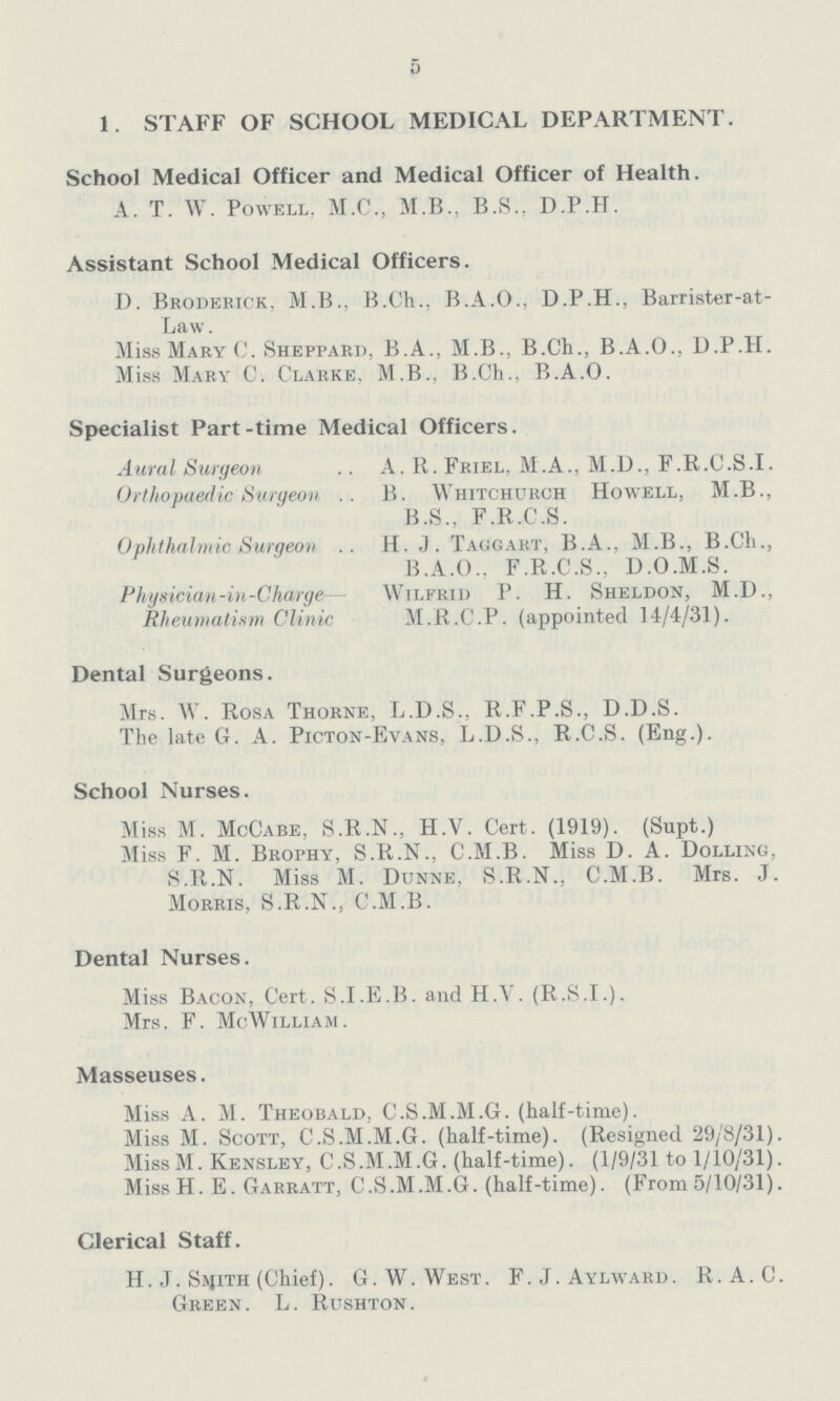5 1. STAFF OF SCHOOL MEDICAL DEPARTMENT. School Medical Officer and Medical Officer of Health. A. T. W. Powell. M.C., M.B., B.S.. D.P.H. Assistant School Medical Officers. D. Broderick, M.B., B.Ch., B.A.O., D.P.H., Barrister-at Law. Miss Mary C. Sheppard, B.A., M.B., B.Ch., B.A.O., D.P.H. Miss Mary C. Clarke, M.B., B.Ch.. B.A.O. Specialist Part-time Medical Officers. Aural Surgeon A. R. Friel. M.A., M.D., F.R.C.S.I. Orthopaedic Surgeon B. Whitchurch Howell, M.B., B.S., F.R.C.S. Ophthalmic Surgeon H. J. Taggart, B.A., M.B., B.Ch., B.A.O.. F.R.C.S., D.O.M.S. Physician -in-Charge Wilfrid P. H. Sheldon, M.D., Rheumatism Clinic M.R.C.P. (appointed 14/4/31). Dental Surgeons. Mrs. W. Rosa Thorne, L.D.S.. R.F.P.S., D.D.S. The late G. A. Picton-Evans, L.D.S., R.C.S. (Eng.). School Nurses. Miss M. McCabe, S.R.N., H.V. Cert. (1919). (Supt.) Miss F. M. Brophy, S.R.N., C.M.B. Miss D. A. Dolling, S.R.N. Miss M. Dunne, S.R.N., C.M.B. Mrs. J. Morris, S.R.N., C.M.B. Dental Nurses. Miss Bacon, Cert. S.I.E.B. and H.Y. (R.S.I.). Mrs. F. Mcwilliam. Masseuses. Miss A. M. Theobald, C.S.M.M.G. (half-time). Miss M. Scott, C.S.M.M.G. (half-time). (Resigned 29/8/31). Miss M. Kensley, C.S.M.M.G. (half-time). (1/9/31 to 1/10/31). MissH. E. Garratt, C.S.M.M.G. (half-time). (From 5/10/31). Clerical Staff. H. J. Smith (Chief). G. W. West. F.J.Aylward. R.A.C. Green. L. Rushton.