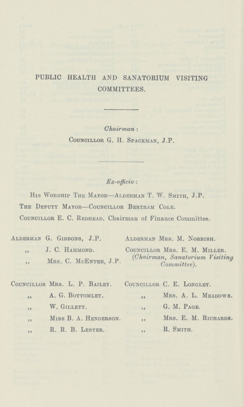 PUBLIC HEALTH AND SANATORIUM VISITING COMMITTEES. Chairman: Councillor G. H. Spaceman, J.P. Ex-officio: His Worship The Mayor.—Alderman T. W. Smith, J.P. The Deputy Mayor—Councillor Bertram Cole. Councillor E. C. Redhead, Chairman of Finance Committee. Alderman G. Gibbons, J.P. Alderman Mrs. M. Norrish. „ J. C. Hammond. Councillor Mrs. E. M. Miller. (Chairman, Sanatorium Visiting Committee). „ Mrs. C. McEntee, J.P. Councillor Mrs. L. P. Bailey. Councillor C. E. Longley. „ A. G. Bottomley. „ Mrs. A. L. Meadows. „ W. Gillett. „ G. M. Page. „ Miss B. A. Henderson. „ Mrs. E. M. Richards. „ R. R. B. Lester. „ R. Smith.
