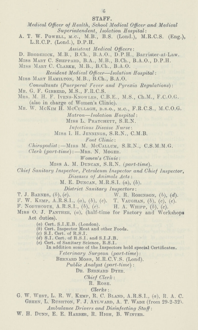 6 STAFF. Medical Officer of Health, School Medical Officer and, Medical Superintendent, Isolation Hospital: A. T. W. Powell, m.c., M.B., B.S. (Lond.), M.R.C.S. (Eng.), L.R.C.P. (Lond.), D.P.H. Assistant Medical Officers: D. Broderick, M.B., B.Ch., B.A.O., D.P.H., Barrister-at-Law. Miss Mary C. Sheppard, B.A., M.B., B.Ch., B.A.O., D.P.H. Miss Mart C. Clarke, M.R., B.Ch., B.A.O. Resident Medical Officei—Isolation Hospital: Miss Mary Hamilton, M.B., B.Ch., B.A.O. Consultants (Puerperal Fever and Pyrexia Regulations): Mr. G. F. Gibberd, M.S., F.R.C.S. Mrs. M. H. F. Ivens-Knowles, C.B.E., M.S., Ch.M., F.C.O.G. (also in charge of Women's Clinic). Mr. W. McKim H. McCullagh, d.s.o., M.c., F.R.C.S., M.C.O.G. Matron—Isolation Hospital: Miss L. Pratchett, S.R.N. Infectious Disease Nurse: Miss I. H. Jennings, S.R.N., C.M.B. Foot Clinic: Chiropodist:—Miss M. McCallum, S.R.N., C.S.M.M.G. Clerk (part-time):—Mrs. N. Moger. Women's Clinic: Miss A. M. Duncan, S.R.N. (part-time). Chief Sanitary Inspector, Petroleum Inspector and Chief Inspector, Diseases of Animals Acts: M. E. Duncan, M.R.S.I, (a), (b). District Sanitary Inspectors: T. J. Barnes, (b), (e). W. R. Robinson, (b), (d). F. W. Kemp, A.R.S.I., (a), (b), (c). T. Vaughan, (b), (c), (e). F. Northcote, A.R.S.I., (b), (c). H. A. Whipp, (b), (c). Miss 0. J. Panther, (a), (half-time for Factory and Workshops Act duties). (a) Cert. S.I.E.B. (London). (b) Cert. Inspector Meat and other Foods. (c) S.I. Cert, of R.S.I. (d) S.I. Cert, of R.S.I, and S.I.J.B. (e) Cert. of Sanitary Science, R.S.I. In addition some of the Inspectors hold special Certificates. Veterinary Surgeon (part-time): Bernard Moss, M.R.C.V.S. (Lond). Public Analyst (part-time): Dr. Bernard Dyer. Chief Clerk: R. Rose. Clerks: G. W. West, L. R. W. Kemp, R. C. Bland, A.R.S.I., (a), R. A. C. Green, L. Rushton, F. J. Aylward, A. T. Wade (from 29-2-32V Ambulance Drivers and Disinfecting Staff: W. H. Dunn, E. E. Harber, R. High, B. Winter.