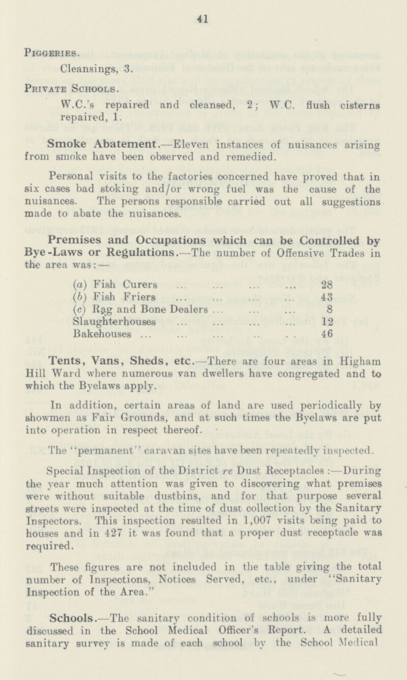 41 Piggeries. Cleansings, 3. Private Schools. W.C.'s repaired and cleansed, 2; W.C. flush cisterns repaired, 1. Smoke Abatement.—Eleven instances of nuisances arising from smoke have been observed and remedied. Personal visits to the factories concerned have proved that in six cases bad stoking and/or wrong fuel was the cause of the nuisances. The persons responsible carried out all suggestions made to abate the nuisances. Premises and Occupations which can be Controlled by Bye-Laws or Regulations.—The number of Offensive Trades in the area was:— (a) Fish Curers '28 (b) Fish Friers 43 (c) Rjig and Bone Dealers 8 Slaughterhouses 12 Bakehouses 46 Tents, Vans, Sheds, etc.—There are four areas in Higham Hill Ward where numerousi van dwellers have congregated and to which the Byelaws apply. In addition, certain areas of land are used periodically by showmen as Fair Grounds, and at such times the Byelaws are put into operation in respect thereof. The permanent caravan sites have been repeatedly inspected. Special Inspection of the District re Dust Receptacles :—During the year much attention was given to discovering what premises were without suitable dustbins, and for that purpose several streets were inspected at the time of dust collection by the Sanitary Inspectors. This inspection resulted in 1,007 visits being paid to houses and in 427 it was found that a proper dust receptacle was required. These figures are not included in the table giving the total number of Inspections, Notices Served, etc., under Sanitary Inspection of the Area. Schools.—The sanitary condition of schools is more fully discussed in the School Medical Officer's Report. A detailed sanitary survey is made of each school by the School Medical