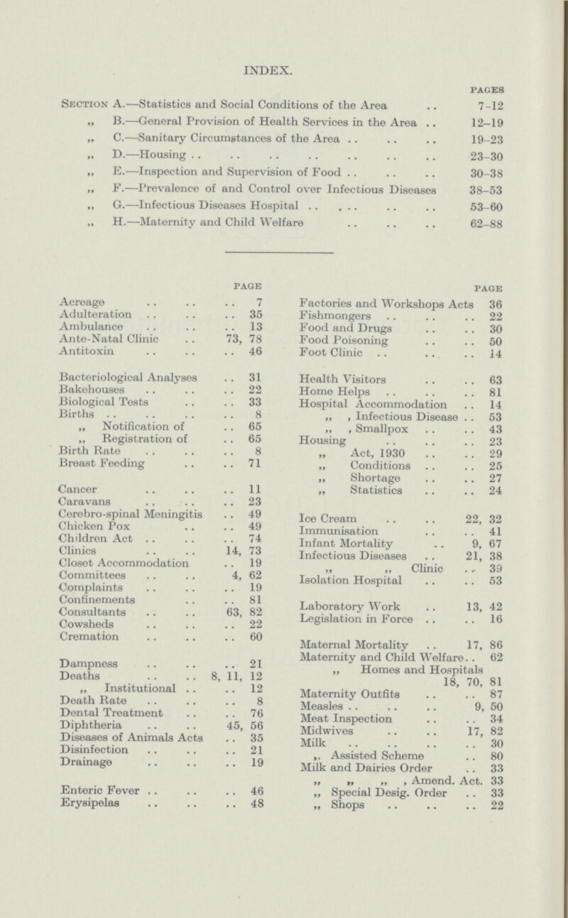 INDEX. PAGES Section A.—Statistics and Social Conditions of the Area 7-12 „ B.—General Provision of Health Services in the Area 12—19 „ C.—Sanitary Circumstances of the Area 19-23 „ D.—Housing 23-30 „ E.—Inspection and Supervision of Food 30-38 „ F.—Prevalence of and Control over Infectious Diseases 38-53 „ G.—Infectious Diseases Hospital 53-60 „ H.—Maternity and Child Welfare 62—88 page Acreage 7 Adulteration 35 Ambulance 13 Ante-Natal Clinic 73, 78 Antitoxin 46 Bacteriological Analyses 31 Bakehouses 22 Biological Tests 33 Births 8 „ Notification of 65 „ Registration of 65 Birth Rate 8 Breast Feeding 71 Cancer 11 Caravans 23 Cerebro spinal Meningitis 49 Chicken Pox 49 Children Act 74 Clinics 14, 73 Closet Accommodation 19 Committees 4, 62 Complaints 19 Confinements 81 Consultants 63, 82 Cowsheds 22 Cremation 60 Dampness 21 Deaths 8, 11, 12 „ Institutional 12 Death Rate 8 Dental Treatment 76 Diphtheria 45, 56 Diseases of Animals Acts 35 Disinfection 21 Drainage 19 Enteric Fever 46 Erysipelas 48 page Factories and Workshops Acts 36 Fishmongers 22 Food and Drugs 30 Food Poisoning 50 Foot Clinic 14 Health Visitors 63 Home Helps 81 Hospital Accommodation 14 „ , Infectious Disease 53 „ , Smallpox 43 Housing 23 Act, 1930 29 „ Conditions 25 „ Shortage 27 „ Statistics 24 Ice Cream 22, 32 Immunisation 41 Infant Mortality 9, 67 Infectious Diseases 21, 38 „ „ Clinic 39 Isolation Hospital 53 Laboratory Work 13, 42 Legislation in Force 16 Maternal Mortality 17, 86 Maternity and Child Welfare 62 „ Homes and Hospitals 18, 70, 81 Maternity Outfits 87 Measles 9, 50 Meat Inspection 34 Midwives 17, 82 Milk 30 Assisted Scheme 80 Milk and Dairies Order 33 „ „ „ , Amend. Act. 33 „ Special Desig. Order 33 „ Shops 22