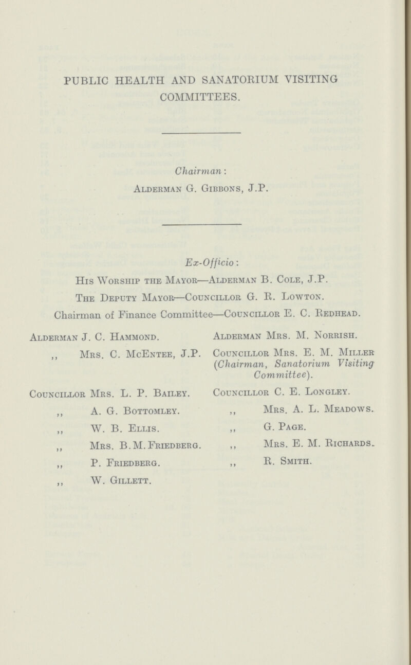 PUBLIC HEALTH AND SANATORIUM VISITING COMMITTEES. Chairman: Alderman G. Gibbons, J.P. Ex-Officio: His Worship the Mayor—Alderman B. Cole, J.P. The Deputy Mayor—Councillor G. E. Lowton. Chairman of Finance Committee—Councillor E. C. Redhead. Alderman J. C. Hammond. Alderman Mrs. M. Norrish. „ Mrs. C. McEntee, J.P. Councillor Mrs. E. M. Miller (Chairman, Sanatorium Visiting Committee). Councillor Mrs. L. P. Bailey. Councillor C. E. Longley. „ A. G. Bottomley. „ Mrs. A. L. Meadows. „ W. B. Ellis. „ G. Page. „ Mrs. B.M.Friedberg. „ Mrs. E. M. Richards. „ P. Friedberg. „ R. Smith. „ W. Gillett.