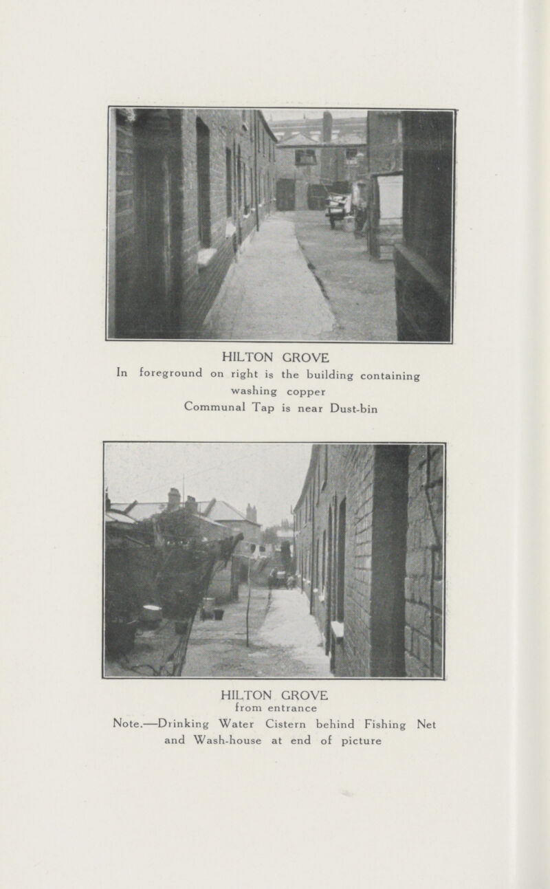 HILTON GROVE In foreground on right is the building containing washing copper Communal Tap is near Dust-bin HILTON GROVE from entrance Note.—Drinking Water Cistern behind Fishing Net and Wash-house at end of picture