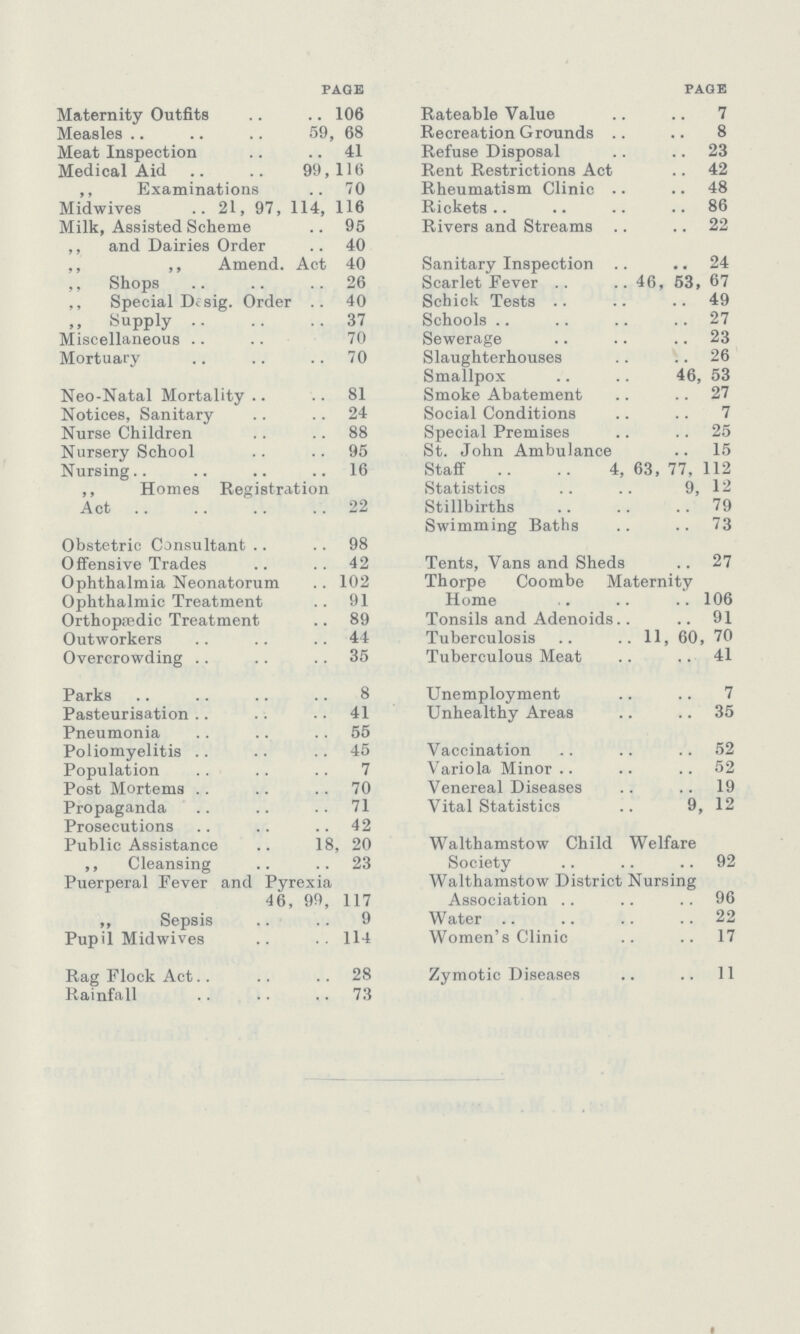page Maternity Outfits 106 Measles 59, 68 Meat Inspection 41 Medical Aid 99,116 ,, Examinations 70 Midwives 21, 97, 114, 116 Milk, Assisted Scheme 95 ,, and Dairies Order 40 ,, ,, Amend. Act 40 ,, Shops 26 ,, Special Dasig. Order 40 ,, Supply 37 Miscellaneous 70 Mortuary 70 Neo-Natal Mortality 81 Notices, Sanitary 24 Nurse Children 88 Nursery School 95 Nursing 16 ,, Homes Registration Act 22 Obstetric Consultant 98 Offensive Trades 42 Ophthalmia Neonatorum 102 Ophthalmic Treatment 91 Orthopædic Treatment 89 Outworkers 44 Overcrowding 35 Parks 8 Pasteurisation 41 Pneumonia 55 Poliomyelitis 45 Population 7 Post Mortems 70 Propaganda 71 Prosecutions 42 Public Assistance 18, 20 ,, Cleansing 23 Puerperal Fever and Pyrexia 46, 99, 117 ,, Sepsis 9 Pupil Midwives 114 Rag Flock Act 28 Rainfall 73 page Rateable Value 7 Recreation Grounds 8 Refuse Disposal 23 Rent Restrictions Act 42 Rheumatism Clinic 48 Rickets 86 Rivers and Streams 22 Sanitary Inspection 24 Scarlet Fever 46, 53, 67 Schick Tests 49 Schools 27 Sewerage 23 Slaughterhouses 26 Smallpox 46, 53 Smoke Abatement 27 Social Conditions 7 Special Premises 25 St. John Ambulance 15 Staff 4,63,77,112 Statistics 9, 12 Stillbirths 79 Swimming Baths 73 Tents, Vans and Sheds 27 Thorpe Coombe Maternity Home 106 Tonsils and Adenoids 91 Tuberculosis 11, 60, 70 Tuberculous Meat 41 Unemployment 7 Unhealthy Areas 35 Vaccination 52 Variola Minor 52 Venereal Diseases 19 Vital Statistics 9, 12 Walthamstow Child Welfare Society 92 Walthamstow District Nursing Association 96 Water 22 Women's Clinic 17 Zymotic Diseases 11