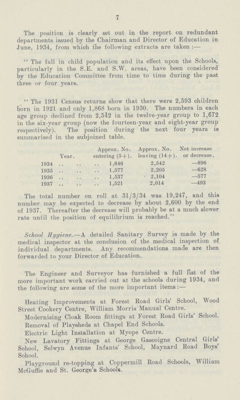 7 The position is clearly set out in the report on redundant departments issued by the Chairman and Director of Education in June, 1934, from which the following extracts are taken:— The fall in child population and its effect upon the Schools, particularly in the S.E. and S.W. areas, have been considered by the Education Committee from time to time during the past three or four years. The 1931 Census returns show that there were 2,593 children born in 1921 and only 1,868 born in 1930. The numbers in each age group declined from 2,542 in the twelve-year group to 1,672 in the six-year group (now the fourteen-year and eight-year group respectively). The position during the next four years is summarised in the subjoined table. Year. Approx. No. entering (5 + ). Approx. No. leaving (14+). Net increase or decrease. 1934 1,646 2,542 —896 1935 1,577 2,205 —628 1936 1,537 2,104 —577 1937 1,521 2,014 —493 The total number on roll at 31/3/34 was 19,247, and this number may be expected to decrease by about 2,600 by the end of 1937. Thereafter the decrease will probably be at a much slower rate until the position of equilibrium is reached. School Hygiene.—A detailed Sanitary Survey is made by the medical inspector at the conclusion of the medical inspection of individual departments. Any recommendations made are then forwarded to your Director of Education. The Engineer and Surveyor has furnished a full fist of the more important work carried out at the schools during 1934, and the following are some of the more important items:— Heating Improvements at Forest Road Girls' School, Wood Street Cookery Centre, William Morris Manual Centre. Modernising Cloak Room fittings at Forest Road Girls' School. Removal of Playsheds at Chapel End Schools. Electric Light Installation at Myope Centre. New Lavatory Fittings at George Gascoigne Central Girls' School, Selwyn Avenue Infants' School, Maynard Road Boys' School. Playground re-topping at Coppermill Road Schools, William McGuffie and St. George's Schools.