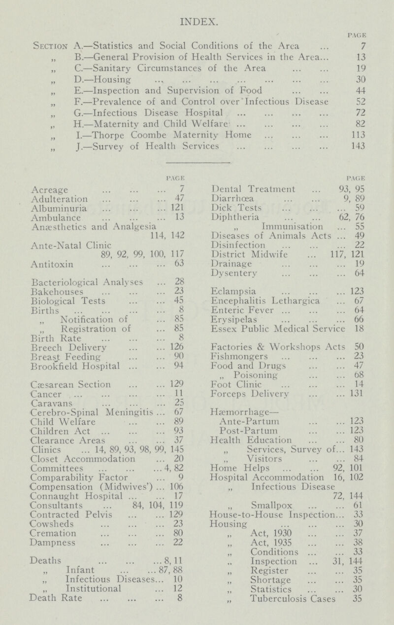 INDEX. page Section A.—Statistics and Social Conditions of the Area 7 „ B.—General Provision of Health Services in the Area 13 „ C.—Sanitary Circumstances of the Area 19 „ D.—Housing 30 „ E.—Inspection and Supervision of Food 44 „ F.—Prevalence of and Control over Infectious Disease 52 „ G.—Infectious Disease Hospital 72 „ H.—Maternity and Child Welfare 82 „ I.—Thorpe Coombe Maternity Home 113 „ J.—Survey of Health Services 143 page Acreage 7 Adulteration 47 Albuminuria 121 Ambulance 13 Anaesthetics and Analgesia 114, 142 Ante-Natal Clinic 89, 92, 99, 100, 117 Antitoxin 63 Bacteriological Analyses 28 Bakehouses 23 Biological Tests 45 Births 8 „ Notification of 85 „ Registration of 85 Birth Rate 8 Breech Delivery 126 Breast Feeding 90 Brookfield Hospital 94 Cæsarean Section 129 Cancer 11 Caravans 25 Cerebro-Spinal Meningitis 67 Child Welfare 89 Children Act 93 Clearance Areas 37 Clinics 14, 89, 93, 98, 99, 145 Closet Accommodation 20 Committees 4, 82 Comparability Factor 9 Compensation (Midwives') 106 Connaught Hospital 17 Consultants 84, 104, 119 Contracted Pelvis 129 Cowsheds 23 Cremation 80 Dampness 22 Deaths 8,11 „ Infant 87,88 „ Infectious Diseases 10 „ Institutional 12 Death Rate 8 page Dental Treatment 93, 95 Diarrhœa 9, 89 Dick Tests 59 Diphtheria 62, 76 „ Immunisation 55 Diseases of Animals Acts 49 Disinfection 22 District Midwife 117, 121 Drainage 19 Dysentery 64 Eclampsia 123 Encephalitis Lethargica 67 Enteric Fever 64 Erysipelas 66 Essex Public Medical Service 18 Factories & Workshops Acts 50 Fishmongers 23 Food and Drugs 47 „ Poisoning 68 Foot Clinic 14 Forceps Delivery 131 Hæmorrhage— Ante-Partum 123 Post-Partum 123 Health Education 80 „ Services, Survey of 143 „ Visitors 84 Home Helps 92, 101 Hospital Accommodation 16, 102 „ Infectious Disease 72, 144 „ Smallpox 61 House-to-House Inspection 33 Housing 30 Act, 1930 37 Act, 1935 38 „ Conditions 33 Inspection 31, 144 „ Register 35 „ Shortage 35 „ Statistics 30 „ Tuberculosis Cases 35