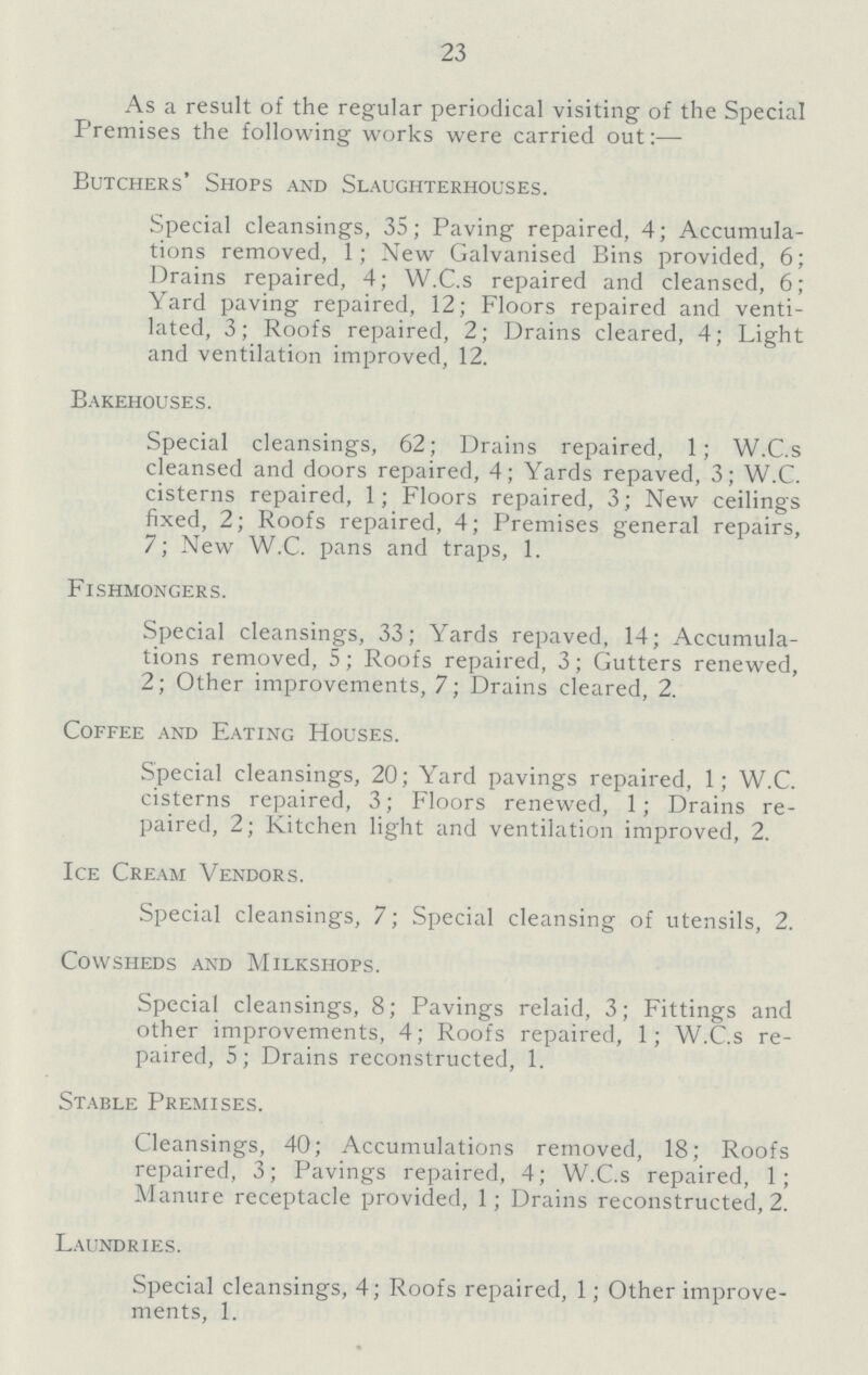 23 As a result of the regular periodical visiting of the Special Premises the following works were carried out:— Butchers' Shops and Slaughterhouses. Special cleansings, 35; Paving repaired, 4; Accumula tions removed, 1; New Galvanised Bins provided, 6; Drains repaired, 4; W.C.s repaired and cleansed, 6; Yard paving repaired, 12; Floors repaired and venti lated, 3; Roofs repaired, 2; Drains cleared, 4; Light and ventilation improved, 12. Bakehouses. Special cleansings, 62; Drains repaired, 1; W.C.s cleansed and doors repaired, 4; Yards repaved, 3; W.C. cisterns repaired, 1; Floors repaired, 3; New ceilings fixed, 2; Roofs repaired, 4; Premises general repairs, 7; New W.C. pans and traps, 1. Fishmongers. Special cleansings, 33; Yards repaved, 14; Accumula tions removed, 5; Roofs repaired, 3; Gutters renewed, 2; Other improvements, 7; Drains cleared, 2. Coffee and Eating Houses. Special cleansings, 20; Yard pavings repaired, 1; W.C. cisterns repaired, 3; Floors renewed, 1; Drains re paired, 2; Kitchen light and ventilation improved, 2. Ice Cream Vendors. Special cleansings, 7; Special cleansing of utensils, 2. Cowsheds and Milkshops. Special cleansings, 8; Pavings relaid, 3; Fittings and other improvements, 4; Roofs repaired, 1; W.C.s re paired, 5; Drains reconstructed, 1. Stable Premises. Cleansings, 40; Accumulations removed, 18; Roofs repaired, 3; Pavings repaired, 4; W.C.s repaired, 1; Manure receptacle provided, 1; Drains reconstructed, 2. Laundries. Special cleansings, 4; Roofs repaired, 1; Other improve ments, 1.