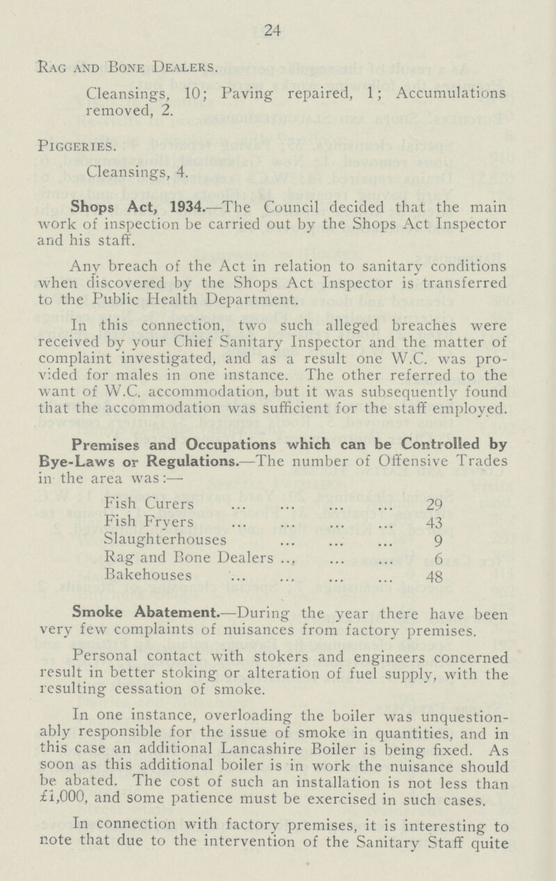 24 Rag and Bone Dealers. Cleansings, 10; Paving repaired, 1; Accumulations removed, 2. Piggeries. Cleansings, 4. Shops Act, 1934.— The Council decided that the main work of inspection be carried out by the Shops Act Inspector and his staff. Any breach of the Act in relation to sanitary conditions when discovered by the Shops Act Inspector is transferred to the Public Health Department. In this connection, two such alleged breaches were received by your Chief Sanitary Inspector and the matter of complaint investigated, and as a result one W.C. was pro vided for males in one instance. The other referred to the want of W.C. accommodation, but it was subsequently found that the accommodation was sufficient for the staff employed. Premises and Occupations which can be Controlled by Bye-Laws or Regulations.— The number of Offensive Trades in the area was:— Fish Curers 29 Fish Fryers 43 Slaughterhouses 9 Rag and Bone Dealers 6 Bakehouses 48 Smoke Abatement.— During the year there have been very few complaints of nuisances from factory premises. Personal contact with stokers and engineers concerned result in better stoking or alteration of fuel supply, with the resulting cessation of smoke. In one instance, overloading the boiler was unquestion ably responsible for the issue of smoke in quantities, and in this case an additional Lancashire Boiler is being fixed. As soon as this additional boiler is in work the nuisance should be abated. The cost of such an installation is not less than f i,000, and some patience must be exercised in such cases. In connection with factory premises, it is interesting to note that due to the intervention of the Sanitary Staff quite