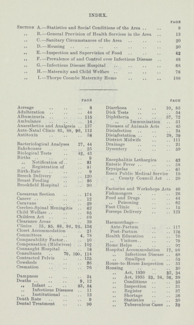 INDEX. page Section A.—Statistics and Social Conditions of the Area 8 ,, B.—General Provision of Health Services in the Area 13 ,, C.—Sanitary Circumstances of the Area 20 ,, D.—Housing 30 ,, E.—Inspection and Supervision of Food 42 ,, F.—Prevalence of and Control over Infectious Disease 48 ,, G.—Infectious Disease Hospital 68 ,, H.—Maternity and Child Welfare 78 ,, I.—Thorpe Coombe Maternity Home 108 page Acreage 8 Adulteration 44 Albuminuria 115 Ambulance 14 Anaesthetics and Analgesia 137 Ante-Natal Clinic 85, 88, 96, 112 Antitoxin 58 Bacteriological Analyses 27, 44 Bakehouses 25 Biological Tests 42, 43 Births 9 ,, Notification of 81 ,, Registration of 81 Birth-Rate 9 Breech Delivery 120 Breast Feeding 86 Brookfield Hospital 90 Caesarean Section 124 Cancer 12 Caravans 29 Cerebro-Spinal Meningitis 62 Child Welfare 85 Children Act 89 Clearance Areas 39 Clinics 15, 85. 88, 94, 95, 136 Closet Accommodation 21 Committees 4, 78 Comparability Factor 10 Compensation (Midwives) 102 Connaught Hospital 18 Consultants 79, 100, 114 Contracted Pelvis 125 Cowsheds 26 Cremation 76 Dampness 24 Deaths 9, 12 ,, Infant 83, 84 ,, Infectious Diseases 11 ,, Institutional 13 Death Rate 9 Dental Treatment 90 page Diarrhoea 10, 85 Dick Tests 54 Diphtheria 57, 72 ,, Immunisation 51 Diseases of Animals Acts 45 Disinfection 24 Disinfestation 28, 39 District Midwife Ill Drainage 21 Dysentery 59 Encephalitis Lethargica 62 Enteric Fever 58 Erysipelas 61 Essex Public Medical Service 19 ,, County Council Act 20 Factories and Workshops Acts 46 Fishmongers 26 Food and Drugs 44 ,, Poisoning 62 Foot Clinic 15 Forceps Delivery 123 Haemorrhage— Ante-Partum 117 Post-Partum 126 Health Education 76 ,, Visitors 79 Home Helps 97 Hospital Accommodation 17, 98 ,, Infectious Disease 68 ,, Smallpox 55 House-to-House Inspection 33 Housing 30 Act, 1930 32, 34 Act, 1935 33, 34, 36, 39 ,, Conditions 35 ,, Inspection 31 ,, Register 37 ,, Shortage 36 ,, Statistics 30 ,, Tuberculous Cases 39