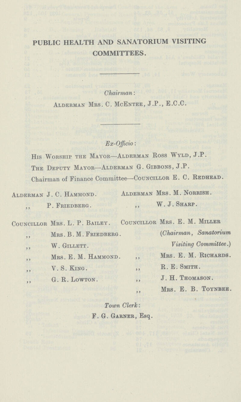 PUBLIC HEALTH AND SANATORIUM VISITING COMMITTEES. Chairman: Alderman Mrs. C. McEntee, J.P., E.C.C. Ex-Officio: His Worship the Mayor—Alderman Ross Wyld, J.P. The Deputy Mayor—Alderman G. Gibbons, J.P. Chairman of Finance Committee—Councillor E. C. Redhead. Alderman J. C. Hammond. ,, P. Friedberg. Alderman Mrs. M. Norrish. ,, W. J. Sharp. Councillor Mrs. L. P. Bailey. ,, Mrs . B. M. Friedberg . ,, W. Gillett. ,, Mrs. E. M. Hammond. ,, V. S. King. ,, G. R. Lowton. Councillor Mrs. E. M. Miller (Chairman, Sanatorium Visiting Committee.) ,, Mrs. E. M. Richards. ,, R. E. Smith. ,, J. H. Thomason. ,, Mrs. E. B. Toynbeb. Town Clerk: F. G. Garner, Esq.