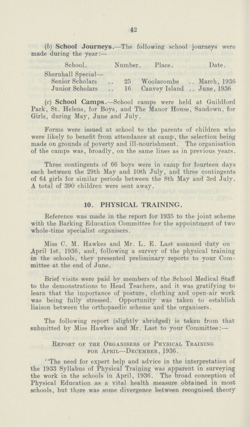 42 (b) School Journeys.—The following school journeys were made during the year:— School. Number. Place. Date. Shernhall Special— Senior Scholars 25 Woolacombe March, 1936 Junior Scholars 16 Canvey Island June, 1936 (c) School Camps.—School camps were held at Guildford Park, St. Helens, for Boys, and The Manor House, Sandown, for Girls, during May, June and July. Forms were issued at school to the parents of children who were likely to benefit from attendance at camp, the selection being made on grounds of poverty and ill-nourishment. The organisation of the camps was, broadly, on the same lines as in previous years. Three contingents of 66 boys were in camp for fourteen days each between the 29th May and 10th July, and three contingents of 64 girls for similar periods between the 8th May and 3rd July. A total of 390 children were sent away. 10. PHYSICAL TRAINING. Reference was made in the report for 1935 to the joint scheme with the Barking Education Committee for the appointment of two whole-time specialist organisers. Miss C. M. Hawkes and Mr. L. E. Last assumed duty on April 1st, 1936, and, following a survey of the physical training in the schools, they presented preliminary reports to your Com mittee at the end of June. Brief visits were paid by members of the School Medical Staff to the demonstrations to Head Teachers, and it was gratifying to learn that the importance of posture, clothing and open-air work was being fully stressed. Opportunity was taken to establish liaison between the orthopaedic scheme and the organisers. The following report (slightly abridged) is taken from that submitted by Miss Hawkes and Mr. Last to your Committee:— Report of the Organisers of Physical Training for April—December, 1936. The need for expert help and advice in the interpretation of the 1933 Syllabus of Physical Training was apparent in surveying the work in the schools in April, 1936. The broad conception of Physical Education as a vital health measure obtained in most schools, but there was some divergence between recognised theory