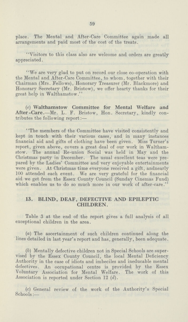 59 place. The Mental and After-Care Committee again made all arrangements and paid most of the cost of the treats. Visitors to this class also are welcome and orders are greatly appreciated. We are very glad to put on record our close co-operation with the Mental and After-Care Committee, to whom, together with their Chairman (Mrs. Fellows), Honorary Treasurer (Mr. Blackmore) and Honorary Secretary (Mr. Bristow), we offer hearty thanks for their great help in Walthamstow. (e) Walthamstow Committee for Mental Welfare and After-Care.—Mr. L. F. Bristow, Hon. Secretary,, kindly con tributes the following report The members of the Committee have visited consistently and kept in touch with their various cases, and in many instances financial aid and gifts of clothing have been given. Miss Turner's report, given above, covers a great deal of our work in Waltham stow. The annual Re-union Social was held in May and the Christmas party in December. The usual excellent teas were pre pared by the Ladies' Committee and very enjoyable entertainments were given. At Christmas time everyone received a gift, andnearly 100 attended each event. We are very grateful for the financial aid we get from the Essex County Council (Sunday Cinemas Fund) which enables us to do so much more in our work of after-care. 13. BLIND, DEAF, DEFECTIVE AND EPILEPTIC CHILDREN. Table 3 at the end of the report gives a full analysis of all exceptional children in the area. (a) The ascertainment of such children continued along the lines detailed in last year's report and has, generally, been adequate. (b) Mentally defective children not in Special Schools are super vised by the Essex County Council, the local Mental Deficiency Authority in the case of idiots and imbeciles and ineducable mental defectives. An occupational centre is provided by the Essex Voluntary Association for Mental Welfare. The work of this Association is reported under Section 12 (d). (c) General review of the work of the Authority's Special Schools:—