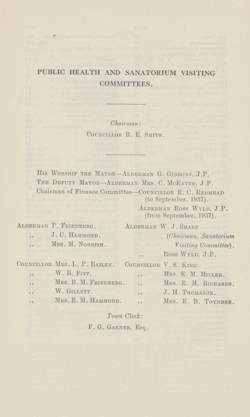 PUBLIC HEALTH AND SANATORIUM VISITING COMMITTEES. Chairman: Councillor R. E. Smith. His Worship the Mayor—Alderman G. Gibbons, J.P. The Deputy Mayor—Alderman Mrs. C. McEntee. J.P. Chairman of Finance Committee—Councillor E. C. Redhead (to September, 1937). Alderman Ross Wyld, J.P. (from September, 1937). Alderman P. Friedberg. Alderman W. J. Sharp ,, J. C. Hammond. (Chairman, Sanatorium ,, Mrs. M. Norrish. Visiting Committee), ,, Ross Wyld, J.P. Councillor Mrs. L. P. Bailey. Councillor V. S. King. ,, W. B. Fitt. ,, Mrs. E. M. Miller. ,, Mrs. B. M. Friedberg. ,, Mrs. E. M. Richards, ,, W. Gillett. ,, J. H. Thomason. ,, Mrs . E. M. Hammond . ,, Mrs . E. B. Toynbee Town Clerk: F. G. Garner, Esq.