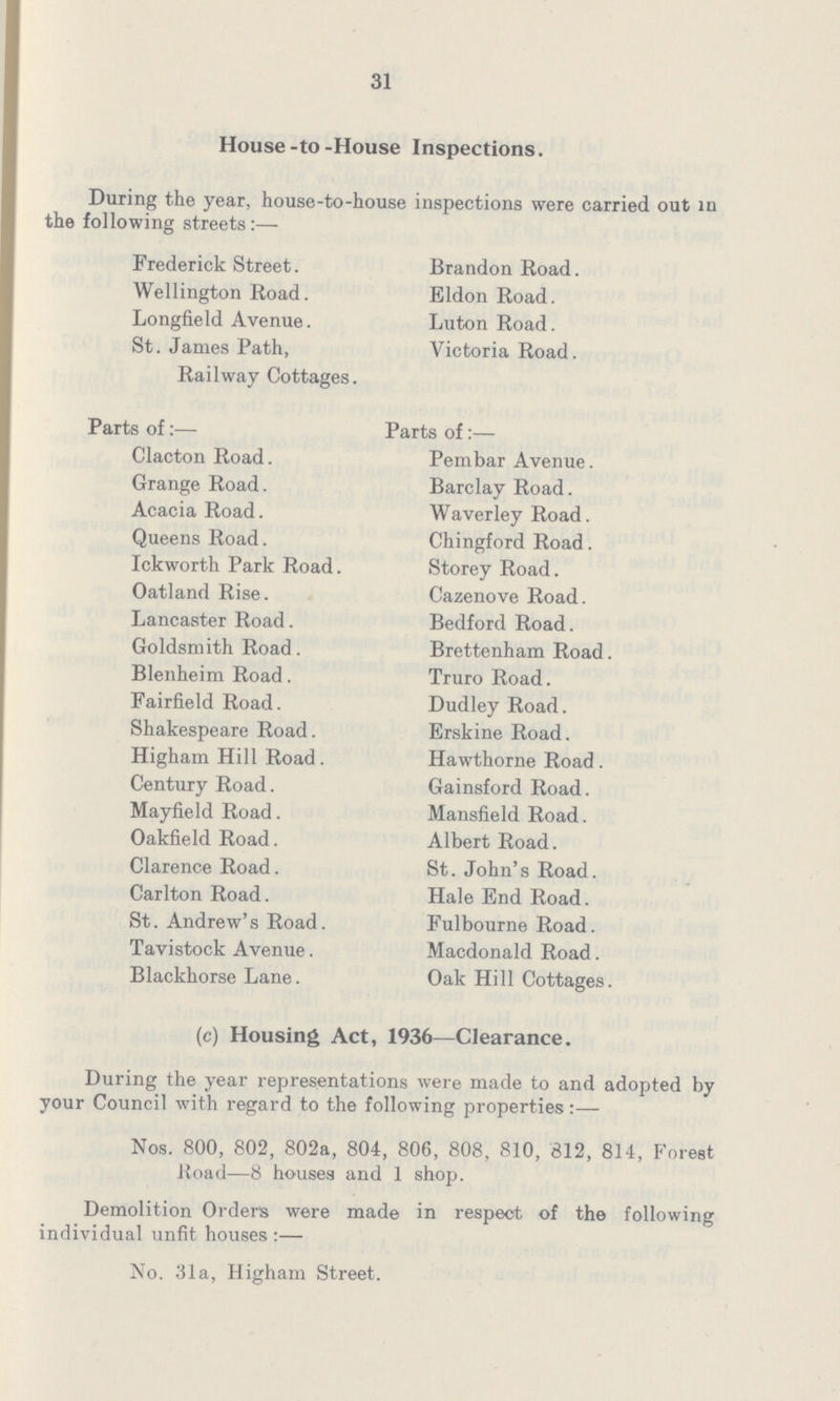 31 House-to-House Inspections. During the year, house-to-house inspections were carried out in the following streets:— Frederick Street. Brandon Road. Wellington Road. Eldon Road. Longfield Avenue. Luton Road. St. James Path, Victoria Road. Railway Cottages. Parts of:— Parts of:— Clacton Road. Pembar Avenue. Grange Road. Barclay Road. Acacia Road. Waverley Road. Queens Road. Chingford Road. Ickworth Park Road. Storey Road. Oatland Rise. Cazenove Road. Lancaster Road. Bedford Road. Goldsmith Road . Brettenham Road. Blenheim Road. Truro Road. Fairfield Road. Dudley Road. Shakespeare Road. Erskine Road. Higham Hill Road . Hawthorne Road . Century Road. Gainsford Road. Mayfield Road. Mansfield Road. Oakfield Road. Albert Road. Clarence Road. St. John's Road. Carlton Road. Hale End Road. St. Andrew's Road. Fulbourne Road. Tavistock Avenue. Macdonald Road. Blackhorse Lane. Oak Hill Cottages. (c) Housing Act, 1936—Clearance. During the year representations were made to and adopted by your Council with regard to the following properties:— Nos. 800, 802, 802a, 804, 806, 808, 810, 812, 814, Forest Road—8 houses and 1 shop. Demolition Orders were made in respect of the following individual unfit houses :— No. 31a, Higham Street.