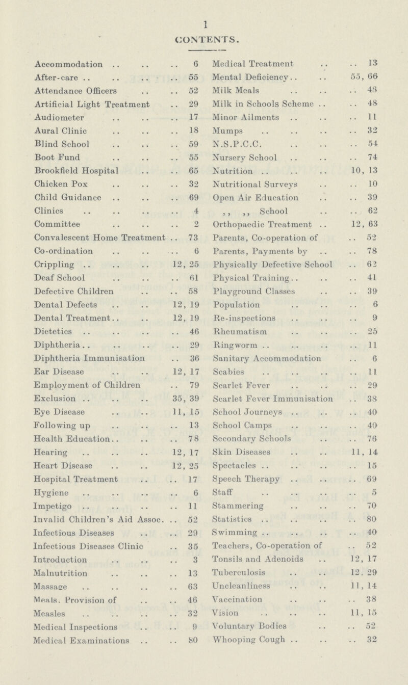 1 CONTENTS. Accommodation 6 Medical Treatment 13 After-care 55 Mental Deficiency 55, 66 Attendance Officers 52 Milk Meals 43 Artificial Light Treatment 29 Milk in Schools Scheme 48 Audiometer 17 Minor Ailments 11 Aural Clinic 18 Mumps 32 Blind School 59 N.S.P.C.C. 54 Boot Fund 55 Nursery School 74 Brookfield Hospital 65 Nutrition 10, 13 Chicken Pox 32 Nutritional Surveys 10 Child Guidance 69 Open Air Education 39 Clinics 4 ,, ,, School 62 Committee 2 Orthopaedic Treatment 12, 63 Convalescent Home Treatment 73 Parents, Co-operation of 52 Co-ordination 6 Parents, Payments by 78 Crippling 12, 25 Physically Defective School 62 Deaf School 61 Physical Training 41 Defective Children 58 Playground Classes 39 Dental Defects 12, 19 Population 6 Dental Treatment 12, 19 Re-inspections 9 Dietetics 46 Rheumatism 25 Diphtheria 29 Ringworm 11 Diphtheria Immunisation 36 Sanitary Accommodation 6 Ear Disease 12, 17 Scabies 11 Employment of Children 79 Scarlet Fever 29 Exclusion 35, 39 Scarlet Fever Immunisation 38 Eye Disease 11, 15 School Journeys 40 Following up 13 School Camps 40 Health Education 78 Secondary Schools 76 Hearing .. .. 12, 17 Skin Diseases 11, 14 Heart Disease 12, 25 Spectacles 15 Hospital Treatment 17 Speech Therapy 69 Hygiene 6 Staff 5 Impetigo 11 Stammering 70 Invalid Children's Aid Assoc. 52 Statistics 80 Infectious Diseases 29 Swimming 40 Infectious Diseases Clinic 35 Teachers, Co-operation of 52 Introduction 3 Tonsils and Adenoids 12, 17 Malnutrition 13 Tuberculosis 12. 29 Massage 63 Uncleanliness 11, 14 Meals. Provision of 46 Vaccination 38 Measles 32 Vision 11, 15 Medical Inspections 9 Voluntary Bodies 52 Medical Examinations 80 Whooping Cough 32