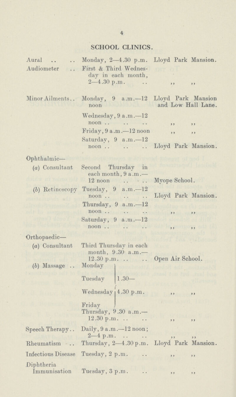 4 SCHOOL CLINICS. Aural Monday, 2—4.30 p.m. Lloyd Park Mansion. Audiometer First & Third Wednes day in each month, 2—4.30 p.m. ,, ,, Minor Ailments.. Monday, 9 a.m.—12 Lloyd Park Mansion noon and Low Hall Lane. Wednesday, 9 a.m.—12 noon Friday, 9 a.m.—12 noon ,, ,, Saturday, 9 a.m.—12 noon Lloyd Park Mansion. Ophthalmic— (a) Consultant Second Thursday in each month, 9 a.m.— 12 noon Myope School. (b) Retinoscopy Tuesday, 9 a.m.—12 noon Lloyd Park Mansion. Thursday, 9 a.m.—12 noon ,, ,, Saturday, 9 a.m.—12 noon ,, ,, Orthopaedic— (a) Consultant Third Thursday in each month, 9.30 a.m.— 12.30p.m. Open Air School. (b) Massage Monday Tuesday 1.30— Wednesday 4.30 p.m. ,, ,, Friday Thursday, 9.30 a.m.— 12.30 p.m. , ,, Speech Therapy.. Daily, 9 a .m.—12 noon; 2—4p.m Rheumatism Thursday, 2—4.30p.m. Lloyd Park Mansion. Infectious Disease Tuesday, 2 p.m. .. ,, ,, Diphtheria Immunisation Tuesday, 3 p.m.,, ,,