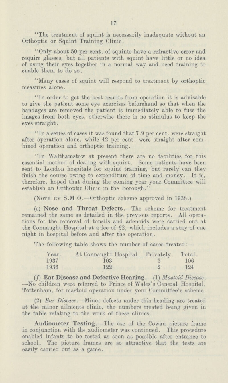 17 The treatment of squint is necessarily inadequate without an Orthoptic or Squint Training Clinic. Only about 50 percen.t. of squints have a refractive error and require glasses, but all patients with squint have little or no idea of using their eyes together in a normal way and need training to enable them to do so. Many cases of squint will respond to treatment by orthoptic measures alone. In order to get the best results from operation it is advisable to give the patient some eye exercises beforehand so that when the bandages are removed the patient is immediately able to fuse the images from both eyes, otherwise there is no stimulus to keep the eyes straight. In a series of cases it was found that 7.9 percent. were straight after operation alone, while 42 percent. were straight after com bined operation and orthoptic training. In Walthamstow at present there are no facilities for this essential method of dealing with squint. Some patients have been sent to London hospitals for squint training, but rarely can they finish the course owing to expenditure of time and money. It is, therefore, hoped that during the coming year your Committee will establish an Orthoptic Clinic in the Borough. (Note by S.M.O.—Orthoptic scheme approved in 1938.) (e) Nose and Throat Defects.—The scheme for treatment remained the same as detailed in the previous reports. All opera tions for the removal of tonsils and adenoids were carried out at the Connaught Hospital at a fee of £2, which includes a stay of one night in hospital before and after the operation. The following table shows the number of cases treated:— Year. At Connaught Hospital. Privately. Total. 1937 103 3 106 1936 122 2 124 (f) Ear Disease and Detective Hearing.—(1) Mastoid Disease. —No children were referred to Prince of Wales's General Hospital, Tottenham, for mastoid operation under your Committee's scheme. (2) Ear Disease.—Minor defects under this heading are treated at the minor ailments clinic, the numbers treated being given in the table relating to the work of these clinics. Audiometer Testing.—The use of the Cowan picture frame in conjunction with the audiometer was continued. This procedure enabled infants to be tested as soon as possible after entrance to school. The picture frames are so attractive that the tests are easily carried out as a game.