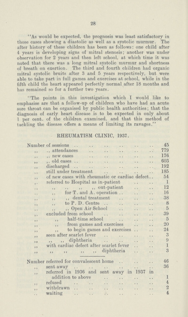 28 As would be expected, the prognosis was least satisfactory in those cases showing a diastolic as well as a systolic murmur. The after history of these children has been as follows: one child after 4 years is developing signs of mitral stenosis; another was under observation for 2 years and then left school, at which time it was noted that there was a long mitral systolic murmur and shortness of breath on exertion. The third and fourth children had organic mitral systolic bruits after 3 and 5 years respectively, but were able to take part in full games and exercises at school, while in the fifth child the heart appeared perfectly normal after 18 months and has remained so for a further two years. The points in this investigation which I would like to emphasise are that a follow-up of children who have had an acute sore throat can be organised by public health authorities; that the diagnosis of early heart disease is to be expected in only about 1 per cent, of the children examined, and that this method of tackling the disease offers a means of limiting its ravages. RHEUMATISM CLINIC, 1937. Number of sessions 45 ,, ,, attendances 779 ,, ,, new cases 176 ,, ,, old cases 603 ,, discharged 192 ,, still under treatment 185 ,, of new cases with rheumatic or cardiac defect 54 .. referred to Hospital as in-patient 1 ,, ,, out-patient 12 ,, for T. and A. operation 16 ,, ,, ,, dental treatment 38 ,, ,, to P. D. Centre 8 ,, ,, ,, Open Air School 5 ,, excluded from school 39 ,, ,, half-time school 5 ,, ,, from games and exercises 20 ,, ,, to begin games and exercises 24 ,, seen after scarlet fever 3 ,, ,, ,, diphtheria 9 ,, with cardiac defect after scarlet fever 1 ,, ,, ,, ,, ,, diphtheria 3 Number referred for convalescent home 46 ,, sent away 36 ,, referred in 1936 and sent away in 1937 in addition to above 1 ,, refused 4 ,, withdrawn 2 waiting 4