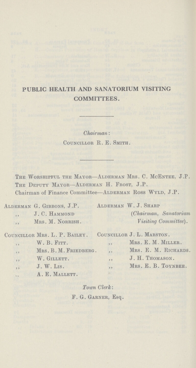 PUBLIC HEALTH AND SANATORIUM VISITING COMMITTEES. Chairman: Councillor R. E. Smith. The Worshipful the Mayor—Alderman Mrs. C. McEntee, J.P. The Deputy Mayor—Alderman H. Frost, J.P. Chairman of Finance Committee—Alderman Ross Wyld, J.P. Alderman G. Gibbons, J.P. Alderman W. J. Sharp ,, J. C. Hammond (Chairman, Sanatorium ,, Mrs. M. Norrish. Visiting Committee). Councillor Mrs . L. P. Bailey . Councillor J. L. Marston . ,, W. B.Fitt. ,, Mrs. E. M. Miller. Mrs. B. M. Friedberg. ,, Mrs. E. M. Richards. ,, W. Gillett. ,, J. H. Thomason. ,, J.W.Lis. ,, Mrs. E. B. Toynbee. A. E. Mallett. Town Clerk: F. G. Garner, Esq.